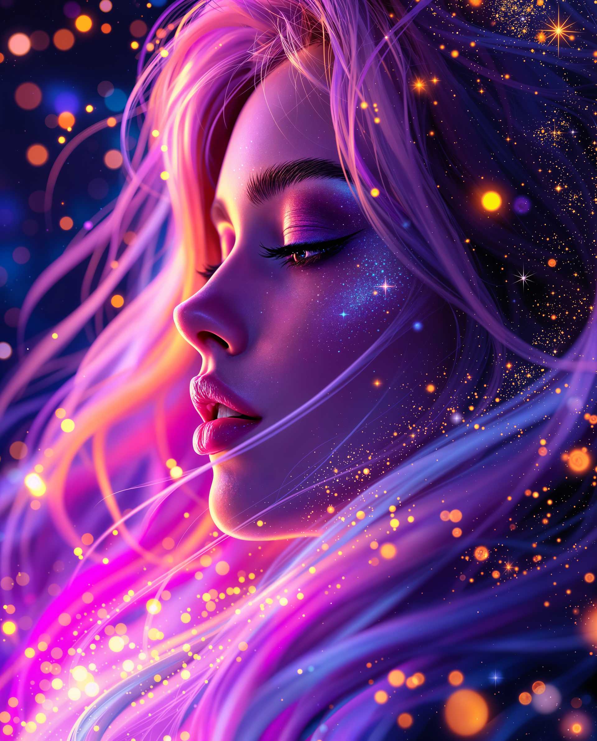 masterpiece, best quality, highres, sharp image, more detail <lora:more_details:0.5> <lora:SDXLrender_v2.0:1>, masterpiece, best quality, highres, sharp image, more detail, This image is a realistic photo (photograph) of a female real person digital artwork that features a closeup profile view of a person. The art style is highly stylized and appears to be a blend of digital painting and illustration, with a strong emphasis on vibrant colors and dynamic lighting effects.The medium seems to be a digital painting software, as evidenced by the smooth blending of colors and the absence of brush strokes. The image has a high level of detail, with intricate patterns and textures that are typical of digital art.The colors in the image are rich and saturated, with a predominance of purples, blues, and pinks. There are also bright accents of yellow, orange, and red, which add to the overall sense of energy and movement in the piece. The lighting in the image is dramatic, with areas of deep shadow contrasted against areas of intense highlight, creating a sense of depth and dimension.The objects in the image are primarily the subjects hair and the surrounding space. The hair is depicted with a high level of detail, with individual strands and highlights that give it a realistic texture. The surrounding space is filled with a myriad of small, sparkling particles that resemble stars or distant galaxies, adding to the cosmic and dreamlike quality of the artwork.Overall, the image exudes a sense of realism and otherworldliness, with its vibrant colors, dynamic lighting, and intricate details. It is a visually striking piece that captures the viewers attention and invites them to immerse themselves in its surreal world.