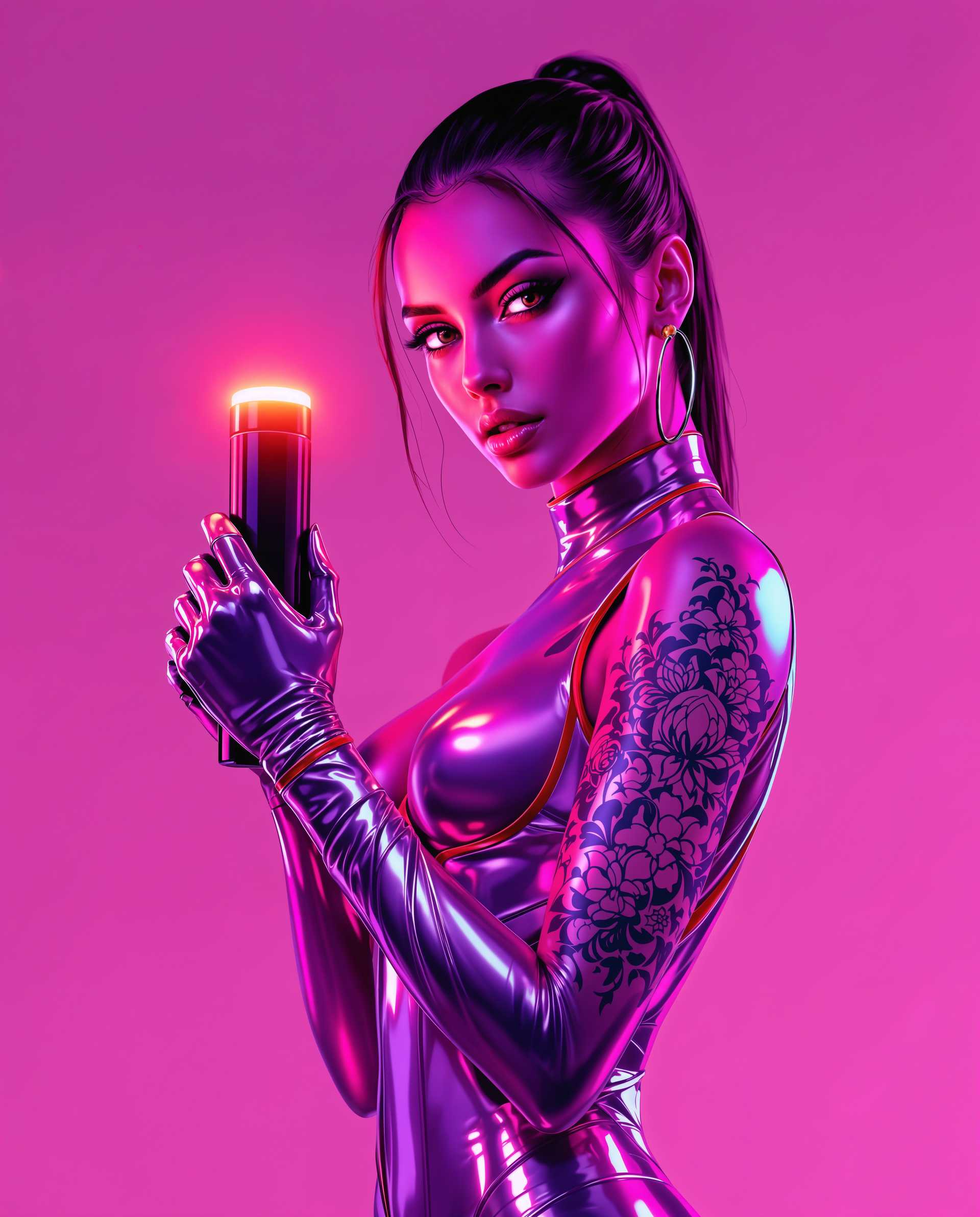 masterpiece, best quality, highres, sharp image, more detail <lora:more_details:0.5> <lora:SDXLrender_v2.0:1>, masterpiece, best quality, highres, sharp image, more detail, A hyper-realistic digital painting of a stylized female figure, captured with the precision and detail of a professional studio photograph. The artwork is drenched in vibrant, monochromatic tones of purple and pink, with the figure's skin rendered in silky-smooth gradients of these hues, showcasing meticulously crafted highlights and soft shadows that create a striking sense of depth and three-dimensionality. She is dressed in a sleek, form-fitting outfit made of a glossy, metallic material that catches the light with subtle, mirror-like reflections, featuring a high neckline, a daring low-cut back, and a bold red trim tracing down the center of her spine for a dramatic accent. Her left arm is adorned with an intricate tattoo of delicate floral motifs and abstract geometric shapes, rendered in complementary shades of purple and pink, stretching from her shoulder to her forearm and partially visible within the frame, adding a layer of personal storytelling to her design.

The figure stands in a dynamic, confident pose, exuding intensity and strength, her right hand firmly gripping a sleek, cylindrical object resembling a futuristic flashlight or torch. This object is jet black with a highly reflective, polished surface, emitting a soft, warm amber glow from its tip, which gently illuminates her hand and casts subtle, golden light across her arm, creating a captivating interplay of light and shadow. The background is a seamless gradient, transitioning from a deep, rich magenta at the top to a lighter, ethereal pink at the bottom, amplifying the dramatic and otherworldly atmosphere of the scene.

The composition is framed as a medium close-up shot, with the figure positioned slightly off-center to the left, her piercing gaze directed straight at the viewer, establishing a powerful and magnetic focal point. Cinematic lighting enhances the drama, with a soft, directional light source emanating from the upper left, casting elegant, sculpted shadows across her form, accentuating the curves of her metallic outfit and the flawless texture of her skin. The mood is bold, enigmatic, and futuristic, steeped in a cyberpunk aesthetic with an ambiance of mystery, energy, and cutting-edge allure, reminiscent of a sci-fi or fantasy narrative. The image is rendered in ultra-high detail, prioritizing photorealistic textures, precise color blending, and a polished, professional finish, evoking the style of modern digital art masters in the sci-fi and fantasy genres, with an emphasis on intricate details, lifelike reflections, and a hyper-detailed 8K resolution quality.