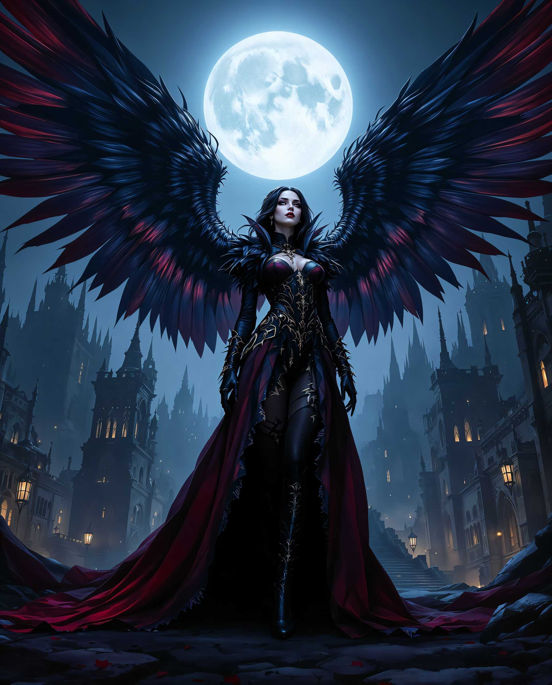 masterpiece, best quality, highres, sharp image, more detail <lora:more_details:0.5> <lora:SDXLrender_v2.0:1>, A hyper-realistic digital painting of a gothic female character, captured in a high-resolution photograph-like style with meticulous attention to detail. The artwork showcases advanced rendering techniques, creating a lifelike, three-dimensional quality through intricate textures and dynamic lighting. The color palette is rich and dramatic, dominated by deep blues, purples, and blacks, crafting a moody, atmospheric tone, while vibrant reds and golds in the character’s elaborate costume provide striking contrast, drawing the viewer’s eye. The subject, a female figure, stands as the focal point, adorned in a detailed gothic outfit blending leather, fur, and lace, each texture rendered with precision to highlight its unique sheen and weight. Her expansive, feathered wings are portrayed with realistic shading and fine detailing of individual feathers, suggesting depth and subtle movement. She is positioned centrally in the frame, captured from a low-angle perspective to emphasize her commanding presence and the towering height of her wings. The background features a sprawling gothic cityscape at night, with jagged spires and ornate, decaying architecture, marked by broken windows and a haunting absence of light. The scene is set under a luminous full moon casting a pale, silvery glow, enhancing the eerie, melancholic ambiance. The composition balances the intricate foreground subject with the vast, ominous city behind, creating a cinematic depth of field with a sharp focus on the character and a slightly softened background. The overall mood is dark and mysterious, evoking a sense of ancient lore and forgotten tales, reminiscent of a gothic romanticism art movement blended with modern hyper-realistic digital techniques.