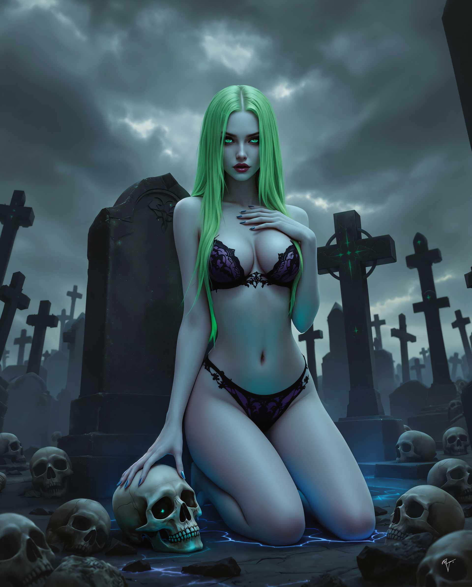 masterpiece, best quality, highres, sharp image, more detail <lora:more_details:0.5> <lora:SDXLrender_v2.0:1>, A highly detailed and realistic digital painting of a female figure in a gothic cemetery setting, blending photorealism with subtle fantasy elements. The central subject is a striking woman with long, straight, vibrant green hair cascading down her pale, almost translucent white skin. Her deep, dark green eyes pierce through the scene, and she wears a black and purple bra with matching underwear, her pose provocative yet haunting—one knee bent, the other leg extended backward, and her left hand raised delicately to her chest. A skull rests eerily on her extended knee, adding a macabre touch. Surrounding her are dark grey tombstones, black crosses with faint green supernatural accents at their tips, and scattered skulls, some resting on the ground, others propped against stones, enhancing the unsettling atmosphere. The background features an overcast sky with heavy, brooding clouds signaling an impending storm, casting a soft, diffused light that highlights the intricate textures of the weathered stone and the woman’s ethereal form. A glowing blue light emanates from the ground near her, contrasting with the muted palette of greys, blacks, and purples that dominate the scene, while splashes of vibrant green in her hair and the blue glow draw the eye. The composition is framed with the woman centered in the foreground, captured from a low-angle perspective to emphasize her dominance over the eerie landscape, with tombstones and crosses receding into the misty background. The mood is somber and gothic, with a haunting, otherworldly ambiance, evoking a sense of mystery and supernatural dread. The lighting is dramatic, with expert rendering of shadows creating depth and a cinematic feel, reminiscent of dark fantasy photography or gothic horror art.
