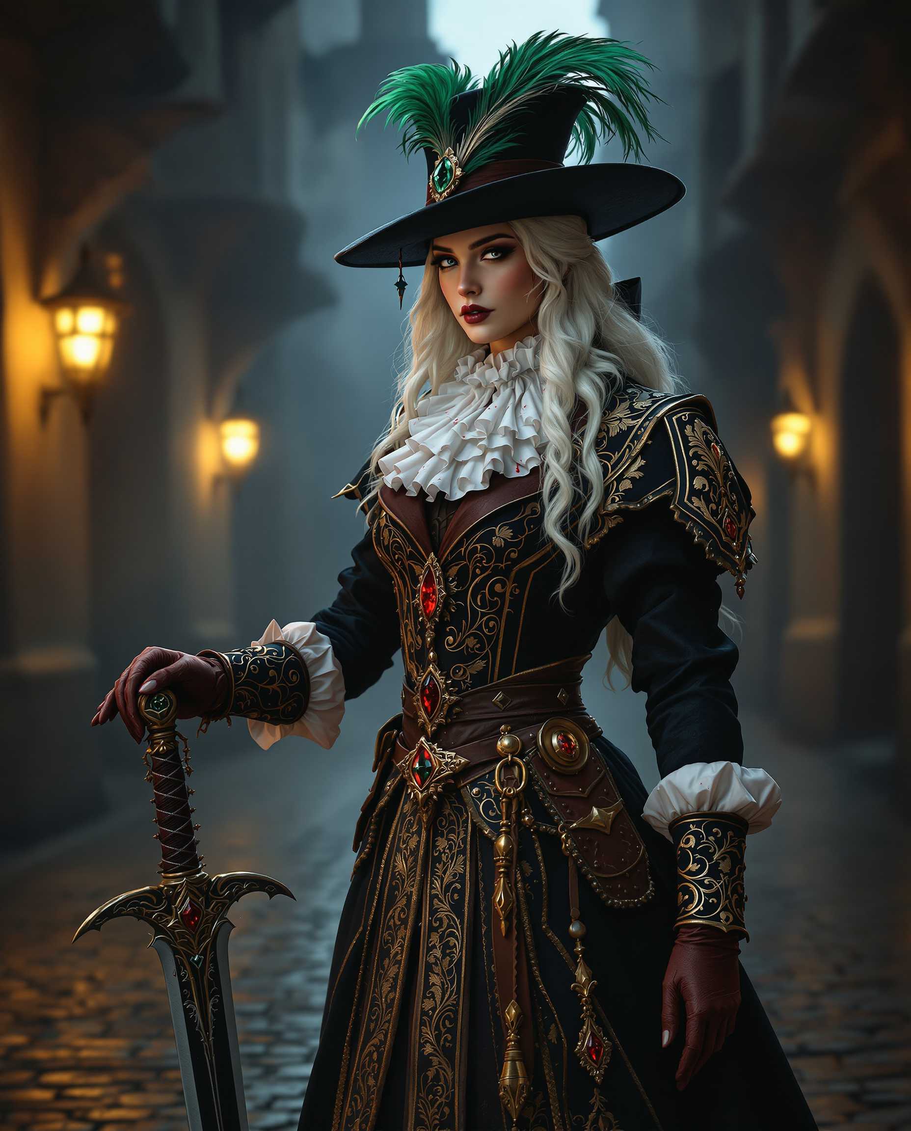 masterpiece, best quality, highres, sharp image, more detail, A hyper-realistic photograph of a striking female figure in a historical fantasy setting, captured with meticulous attention to detail. The subject stands in a commanding pose, centered in the frame with a low camera angle that emphasizes her imposing presence and regal stature. She is dressed in an ornate, luxurious costume that blends 17th-century European nobility with dark fantasy elements. Her attire features a high-collared black coat with intricate gold embroidery, pronounced shoulder pads, and a tailored fit that exudes authority. A white ruffled cravat, stained with subtle traces of blood, adds a dramatic and ominous touch to her ensemble. Her tall, conical hat, with a wide black brim and a brown band, is adorned with a vibrant green feather and a shimmering green gemstone, creating a striking contrast against the dark tones. She wields a long, ornate sword with a curved blade, its hilt embedded with a deep red gemstone and paired with a detailed brown scabbard hanging from a belt equipped with pouches and buckles, hinting at a life of adventure. Her brown gloves, with intricately designed cuffs, complement the earthy, moody palette of black, gold, and brown that dominates the scene. The subject’s white hair cascades dramatically, catching the soft, diffused light and adding an ethereal quality. The background is a dimly lit, misty environment, perhaps a cobblestone street or ancient castle courtyard at twilight, enhancing the mysterious and epic atmosphere. The lighting is cinematic, with a warm, golden glow illuminating the figure from the side, casting subtle shadows that highlight the textures of the fabric and the gleam of the metallic embroidery. The overall mood is intense and enigmatic, evoking a sense of readiness for battle or a pivotal moment in a grand narrative, rendered in a hyper-realistic style with a touch of fantastical stylization, reminiscent of Baroque portraiture combined with modern dark fantasy aesthetics. Highly detailed, 8K resolution, with a focus on photorealistic textures, dramatic chiaroscuro lighting, and a cohesive, immersive composition.