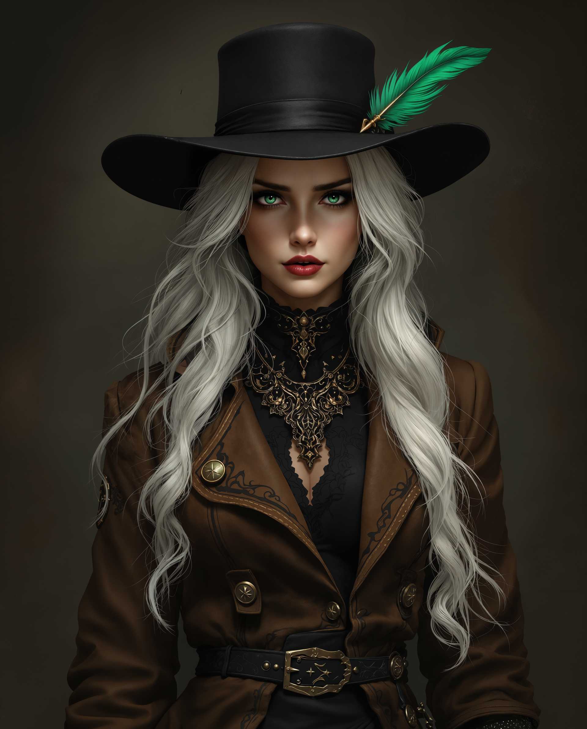 masterpiece, best quality, highres, sharp image, more detail <lora:more_details:0.5> <lora:SDXLrender_v2.0:1>, masterpiece, best quality, highres, sharp image, more detail, A hyper-realistic digital painting of a female character, captured as if in a high-definition photograph, embodying a blend of fantasy and steampunk aesthetics. The subject stands in a three-quarter pose, framed centrally with a slight low-angle perspective, emphasizing her commanding presence. Her appearance is meticulously detailed, featuring long, flowing white hair that cascades in loose waves, partially tied back with a dark ribbon, contrasting sharply against a shadowy, textured background of deep charcoal and muted sepia tones. She wears a wide-brimmed black hat, adorned with two polished buttons and a vibrant green feather that injects a subtle hint of nature into the composition. Her attire consists of a high-collared, rugged brown jacket with intricate stitching and weathered patterns, layered over a black undergarment with delicate, ornate designs, and accented by a white fur trim at the collar, evoking a sense of both practicality and elegance. The interplay of dramatic lighting and shadow sculpts a three-dimensional effect, with soft, warm highlights illuminating the contours of her face, hat, and clothing, while deep, cool shadows create depth and mystery. The color palette is dominated by rich, dark tones—deep browns, blacks, and grays—balanced by the striking white of her hair and the vivid green feather, crafting a moody, atmospheric ambiance reminiscent of a foggy, early morning in a Victorian-inspired fantasy world. The textures are hyper-detailed, from the worn leather of the jacket to the soft sheen of the fur trim and the intricate gradients of her hair, rendered with the precision of a master digital artist. The overall mood is enigmatic and captivating, with a cinematic quality that draws the viewer into the character's story, enhanced by the seamless blending of colors and a photorealistic finish.
