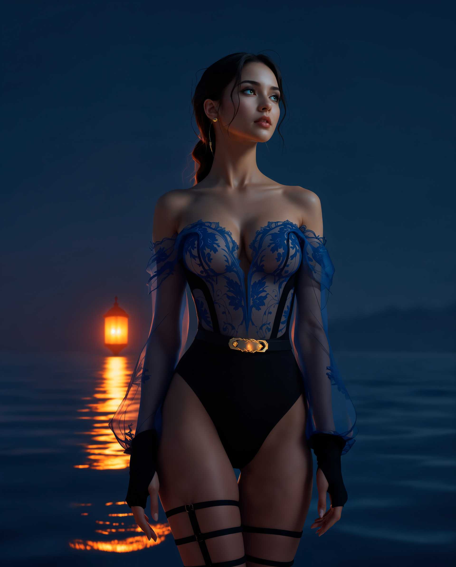 masterpiece, best quality, highres, sharp image, more detail <lora:more_details:0.5> <lora:SDXLrender_v2.0:1>, masterpiece, best quality, highres, sharp image, more detail, A hyper-realistic photograph of a captivating female figure, blending lifelike detail with a subtle touch of fantasy. The woman stands as the central focus, positioned slightly off-center in a three-quarter view, gazing thoughtfully into the distance with a serene yet enigmatic expression. Her skin is rendered in natural, warm flesh tones with soft highlights and delicate shadows, emphasizing a realistic texture. She wears a striking outfit that merges elegance and allure: a sheer, translucent blue off-the-shoulder top with intricate lace-like patterns across the shoulders and chest, revealing a black undergarment beneath. The long, flowing sleeves are also sheer, ending in fingerless gloves that add a delicate, ethereal quality. Her lower half is adorned with a form-fitting black bodysuit, accentuated by a gold belt that cinches her waist, and a black thigh-high strap with a gold buckle on her left leg. Black strappy sandals wrap around her ankles, grounding the outfit with a modern edge.

The background features a tranquil body of water under a deep navy blue sky, evoking a melancholic and mysterious mood. The water's surface is dark blue with gentle ripples, reflecting the warm orange and red glow of a single, ornate lantern floating in the distance. This glowing lantern serves as a striking contrast to the cool, muted palette of blues and purples that dominate the scene, casting a soft, warm light that dances on the water. A faint, otherworldly glow emanates from beneath the water's surface, suggesting hidden underwater lights or magical reflections, enhancing the fantasy element.

The composition is framed with a low camera angle, looking slightly upward at the woman, emphasizing her commanding presence against the vast, serene expanse of water and sky. The lighting is soft and cinematic, with a cool, diffused moonlight effect blending with the warm tones of the lantern, creating a harmonious yet contrasting interplay of colors. The overall atmosphere is calm and introspective, with a touch of allure and mystique, captured in a photorealistic style with subtle fantasy undertones, reminiscent of high-end fashion photography mixed with surreal, dreamlike elements. Highly detailed textures, 8K resolution, and a focus on realistic rendering with a painterly fantasy edge complete the vision.