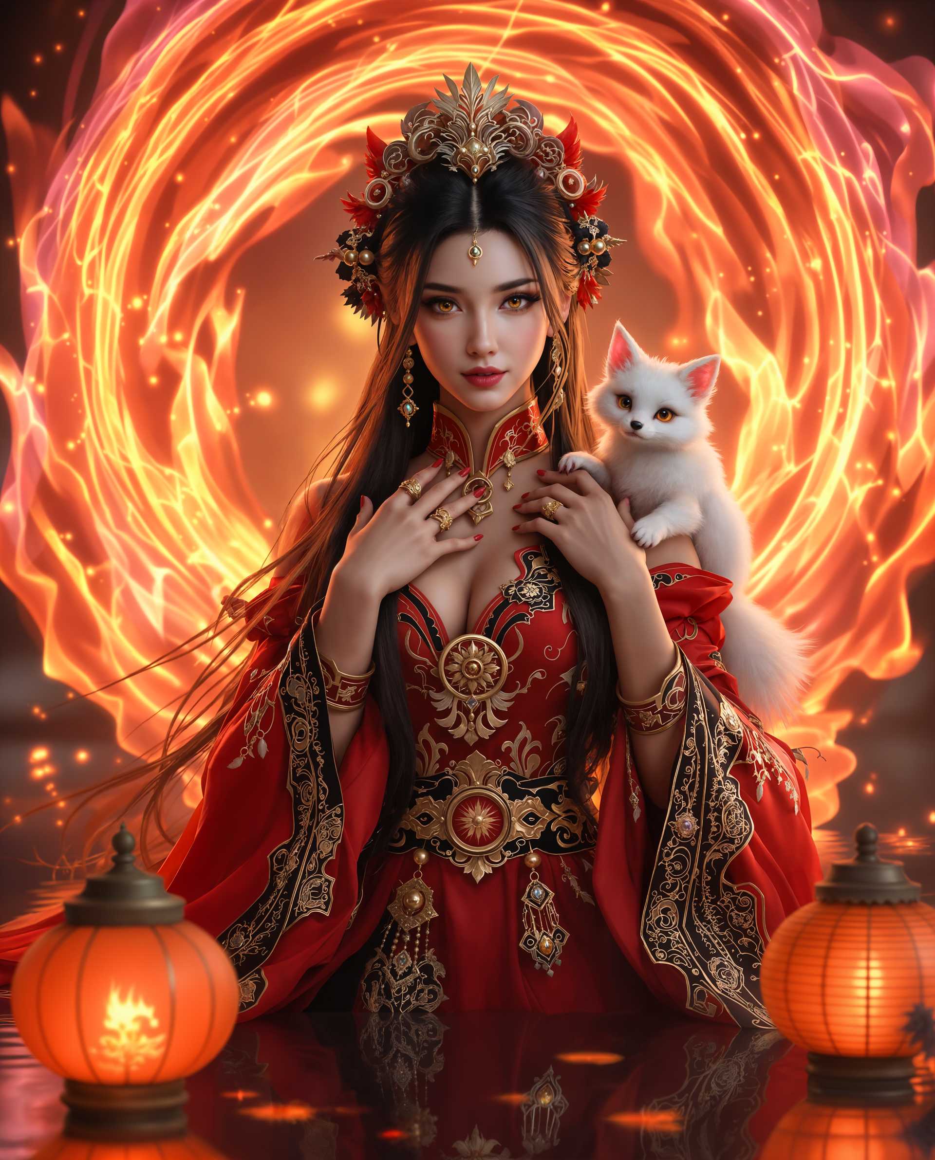 masterpiece, best quality, highres, sharp image, more detail <lora:more_details:0.5> <lora:SDXLrender_v2.0:1>, masterpiece, best quality, highres, sharp image, more detail, A hyper-realistic digital photograph of a captivating female figure, posed dynamically in a fantastical setting. She wears a striking, elaborate outfit in vibrant red with intricate gold and black accents, blending traditional and fantasy elements. The costume features detailed patterns evoking flames and feathers, adorned with a belt bearing a circular ornament, matching bracelets, and rings. Her long, flowing hair cascades down her back, decorated with whimsical fox figurines, adding a playful charm. Her piercing yellow eyes contrast vividly against her fair skin and the rich, warm tones of her attire. Surrounding her is a dramatic, magical aura of swirling flames in hues of pink, orange, and yellow, creating depth and mystique in the background. In the foreground, two traditional Asian-inspired lanterns with ornate, curved designs float gently on still water, enhancing the serene yet otherworldly atmosphere. A small, mythical white fox-like creature with pink-tipped ears and nose perches delicately on her shoulder, adding to the enchantment. The composition is framed with the female figure centrally positioned, captured from a slight low angle to emphasize her commanding presence. The color palette is warm and vibrant, dominated by reds, golds, pinks, and oranges, with soft, diffused lighting casting gentle shadows for a three-dimensional effect. The mood is one of fantasy, mystery, and wonder, set during twilight with a dreamy, ethereal ambiance. Rendered in a hyper-detailed, photorealistic style with a focus on texture, intricate costume design, and cinematic depth of field.