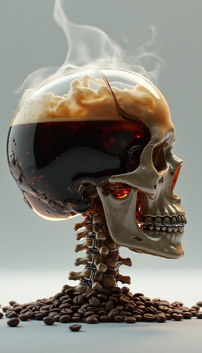Photorealistic surreal image of a biomechanical human skull in profile, resting on a flat surface, facing right.
The lower half of the skull—cheekbones, nose cavity, and jaw—is made of textured, aged bone with realistic wear. The skull sits on a clean, matte surface under bright, diffused studio lighting with a neutral white balance, creating a crisp, clinical atmosphere.

From the brow ridge upward, the cranium is composed of a clear, glass-like dome. Inside, the skull is filled nearly to the top with dark, rich coffee, with just a narrow air gap remaining at the top. The coffee’s surface is dotted with tiny foam bubbles and edged by a faint foam ring. Cream swirls throughout the coffee in cloudy tendrils, caught mid-dispersion in a frozen, organic flow.

The spine and neck are composed of a series of connected glass-like vertebrae, each one transparent and also filled with dark coffee, continuing the liquid throughline downward. The coffee fills each vertebral segment fully, like a system of chambers. Thin glass connectors—rods, flexible joints, and wiring—link each vertebra, fusing biological form with crystalline design. At the base, the transparent vertebrae flow naturally into a subtle, biomechanical chest cavity—glass-like structures and tubing that continue the coffee-filled anatomy without forming a separate reservoir.

Scattered around the base of the skull on the surface are hundreds of roasted coffee beans, clearly visible but arranged sparingly to avoid distraction.

The background is soft gray, and the entire composition is captured using a 50mm lens at eye level, with sharp focus and a balanced, evenly lit frame that emphasizes texture, reflection, and fluid motion.