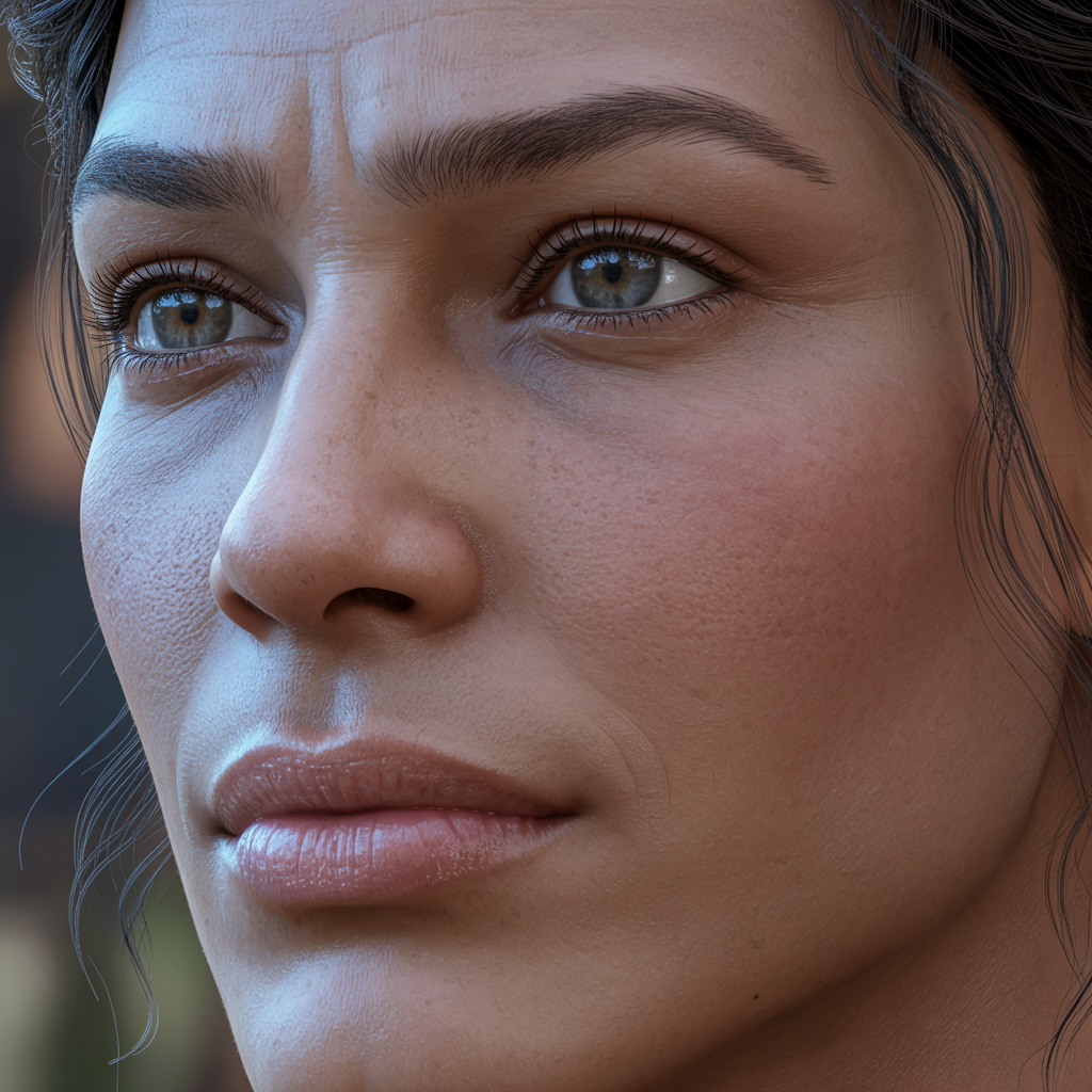 Close-up portrait of a womanwith detailed facial features, showing high-definition skin texture, visible pores, fine lines, and realistic lighting. The character has deep-set eyes with a sharp gaze, subtly arched eyebrows, and slight crow's feet. Detailed shadows contour the nose and cheekbones, while soft, natural lips with a hint of moisture give a lifelike look. The skin has a mix of cool and warm tones, with faint freckles across the bridge of the nose. Background: softly blurred to highlight facial details.
