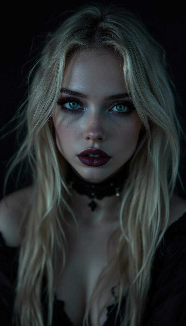 Example: Dimly lit film still of a blonde gothic girl looking lazy right into the camera