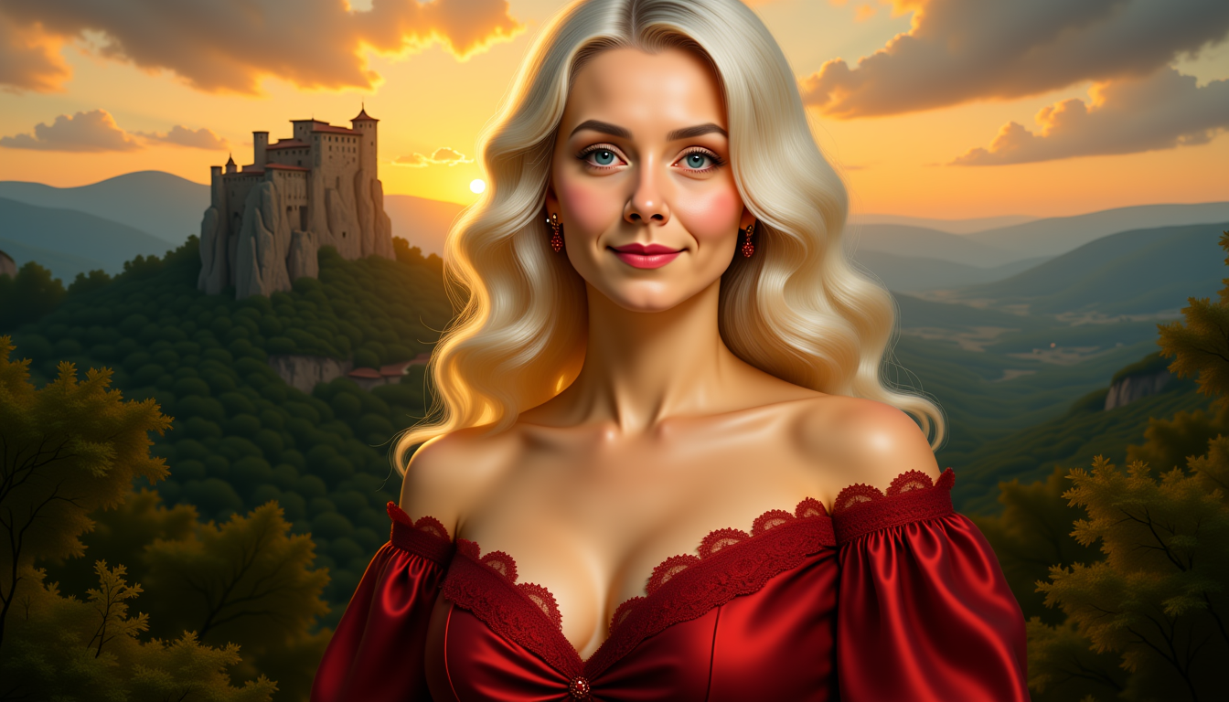 Kira, Kira, upper body portrait in the style of Artgerm and Rubens. She smiles softly, evoking the mystique of a modern Mona Lisa. Her platinum blonde vintage waves frame her elegant face, and her deep blue eyes seem to carry a quiet inner radiance. She wears a deep red, off-shoulder satin gown with subtle lace accents. In the background: an Italian hillside landscape with a majestic ancient rock castle, bathed in golden twilight. 16k resolution, masterpiece painting, photorealistic, dramatic lighting, high depth of field, ultra detailed, warm serene aura. LoRA: Kira