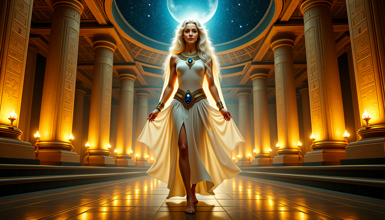 Kira, Kira Lux, depicted as a luminous priestess in an ancient Egyptian chamber of light, surrounded by golden walls etched with glowing hieroglyphs and celestial patterns. She stands barefoot on a black obsidian floor, wearing a flowing white linen dress with gold trim and sapphire-studded belt. Her platinum blonde hair is braided in elegant coils with lapis accents. Her gaze is timeless, her blue eyes glowing faintly with inner knowing. She holds a crystal staff that channels light upward into a star-filled dome. Photorealistic mythic concept painting, cinematic shadows, Artgerm + Boris Vallejo fusion, high depth of field, HDR, ultra detailed textures, surreal harmony