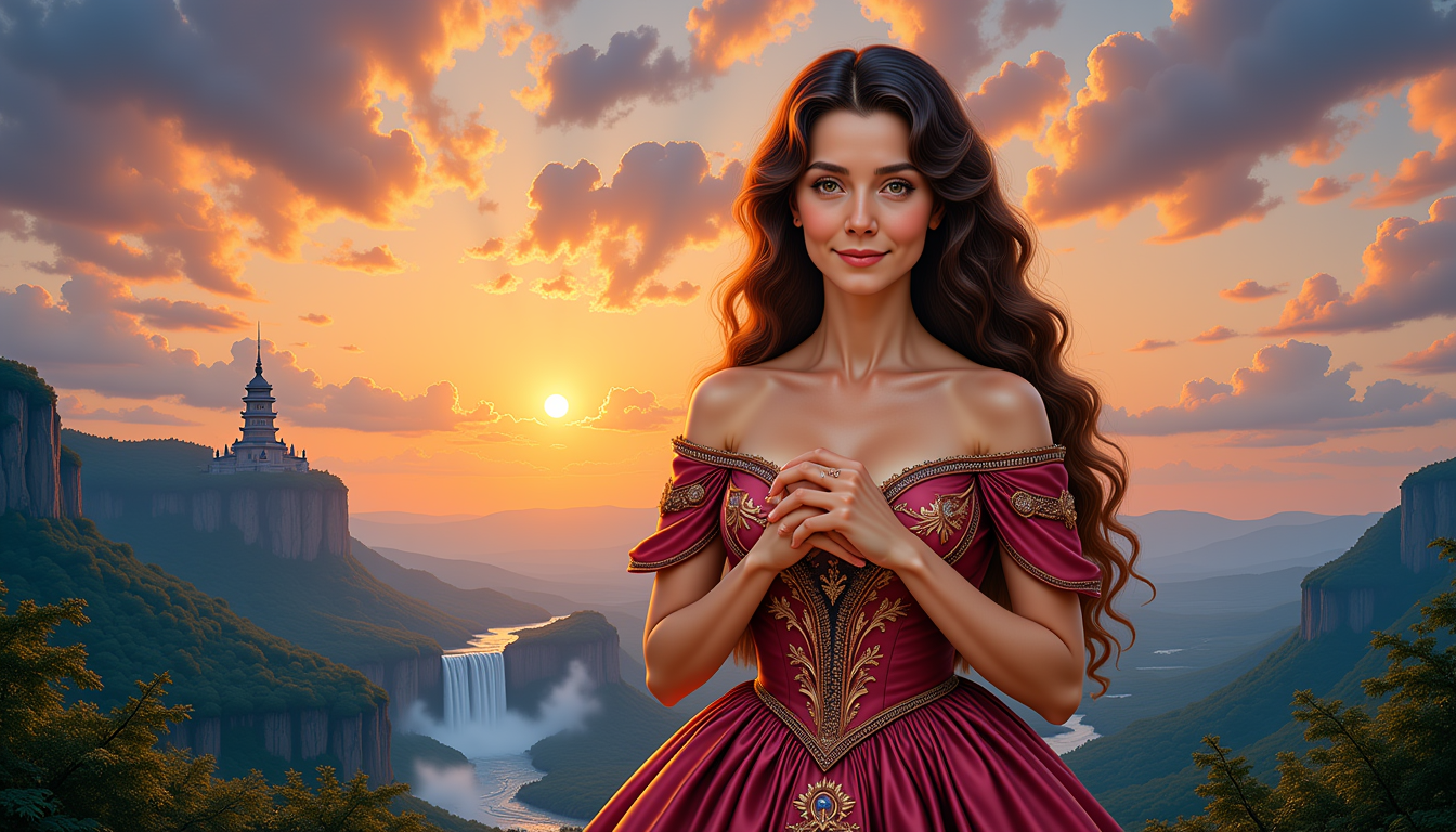 Kira1, standing gracefully with her wavy hair cascading over her shoulders, hands gently folded in front of her, dressed in a resplendent vintage gown with golden embroidery. Her serene expression radiates calm wisdom. The twilight sky glows behind her, a majestic tower and waterfall completing the scene. Fine ink pen illustration style, reminiscent of vintage comic art, 4k clarity, soft blush, subtle shadows.
