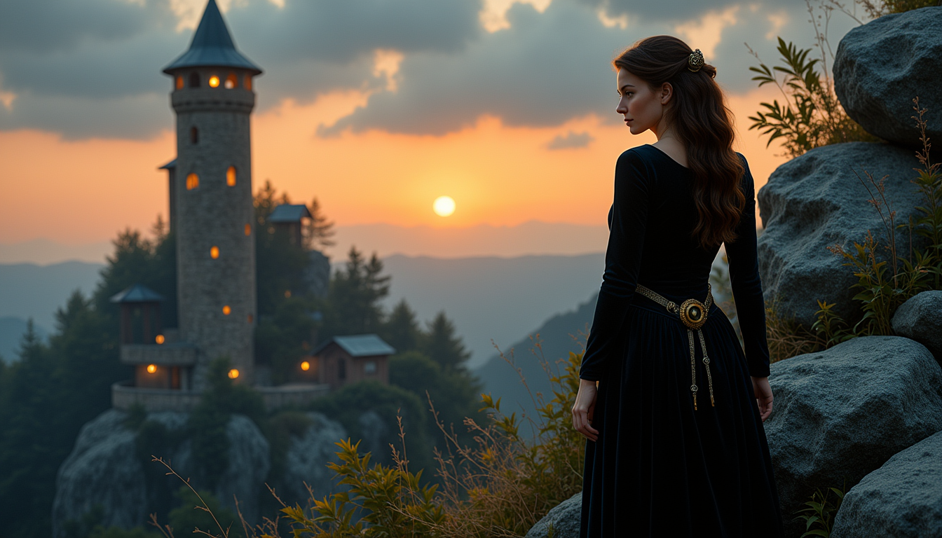 Kira1, portrayed as a noblewoman from a lost steampunk realm, wearing a dark velvet gown with subtle brass elements, her long wavy hair pinned partially back with ornate gears. She stands beside the boulder, overlooking the illuminated tower at dusk. Ink illustration style, vintage line textures, soft golden rim lighting, high detail, 4k vector artwork.