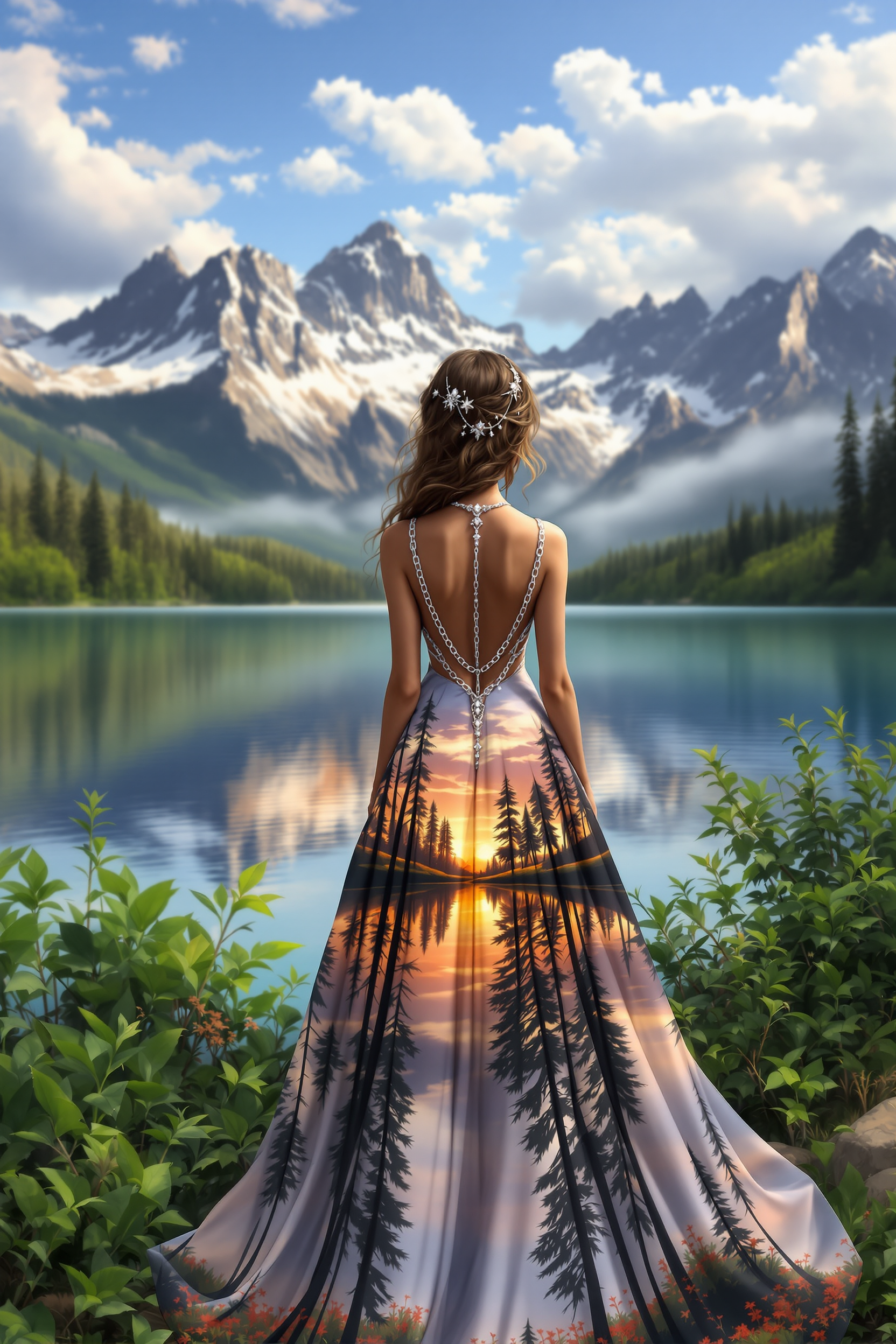 airbrushed and chalk highly detailed digital painting woman stands by a serene mountain lake, her back to the camera, wearing a stunning dress that features a printed landscape of trees and mountains reflecting a sunset. The gown has a deep back cutout adorned with delicate chains and sparkles. Lush greenery surrounds her, and the mountains rise majestically in the background under a partly cloudy sky. The calm water mirrors the vibrant colors of the dress and the sunset.