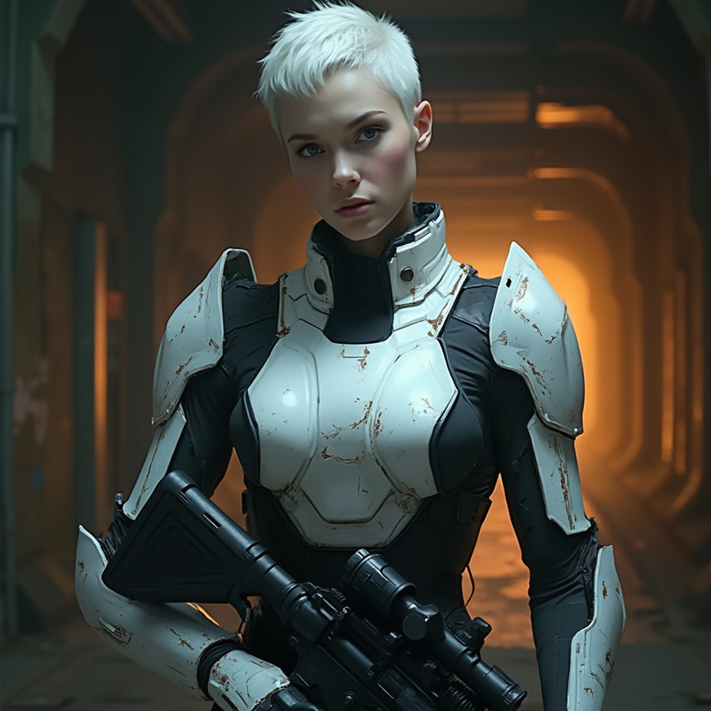 This image portrays a figure clad in a female looking at viewer, futuristic, armored suit, standing in what appears to be a dimly lit corridor or tunnel, suggestive of a science fiction setting. The suit is predominantly white with black accents, featuring a high collar and shoulder pads that give it a streamlined, utilitarian look. The armor has a matte finish, with subtle scratches and scuffs that lend it a battleworn appearance, indicating the figure may have been involved in combat or strenuous activity.The figures short, buzzcut hair is stark white, matching the armor, and they are wearing a black tactical vest over the armor, with pouches that could hold various gear or ammunition. They are holding a modern, black assault rifle with a collapsible stock and a scope, which is a common piece of military equipment. The rifles design is sleek and utilitarian, with a focus on functionality and ease of use.The art style of the image is cinematic, with a high level of detail and realism, achieved through careful lighting and shadow play. The medium appears to be a digital rendering, given the smooth texture and lack of brush strokes or graininess that might be present in a traditional painting. The colors are muted, with cool tones dominating the palette, punctuated by the warm orange glow emanating from the background, which adds a sense of depth and drama to the scene.The overall atmosphere of the image is one of tension and anticipation, as the figure stands ready for action, and the environment suggests a narrative of exploration or conflict in a science fiction context.