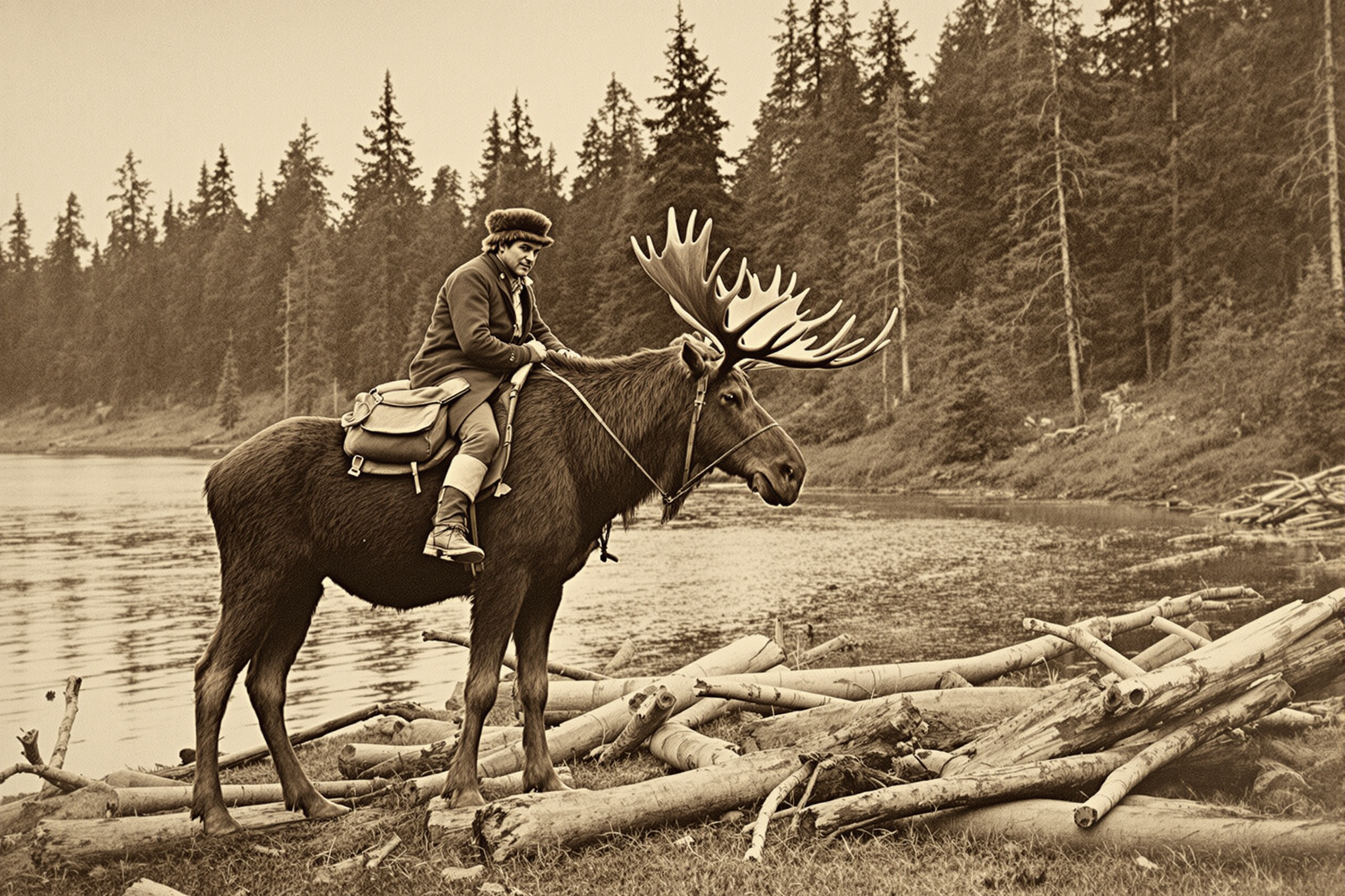 This is a sepiatoned photograph depicting a scene from the past, likely taken in the late 19th or early 20th century. The art style is reminiscent of the eras photography, with a focus on capturing the natural beauty and wilderness of the landscape.The medium appears to be a gelatin silver print, which was commonly used during that time period. The graininess and texture of the image are characteristic of this type of print, adding to the historical feel of the photograph.The colors in the image are muted, with a predominance of earthy tones. The moose stands out with its dark brown fur, and the surrounding forest is depicted in various shades of green. The water body in the background reflects the trees and sky, creating a serene and tranquil atmosphere.There are several objects in the image. The most prominent is the moose, which is the subject of the photograph. It has a large, impressive antler rack and is standing on a riverbank. The moose is carrying a rider, who appears to be dressed in period clothing, including a fur hat and heavy coat. The rider is seated on the mooses back, with their legs wrapped around the animals midsection. The moose is also carrying a pack, which suggests that it might be used for transportation or carrying supplies.In the background, there is a dense forest of tall, straight trees, which are likely conifers given their shape and the location. The water body in the background is calm, with gentle ripples on the surface. There are also fallen tree trunks and branches scattered along the riverbank, adding to the wilderness feel of the scene.Overall, the image captures a moment of human interaction with nature, reflecting the eras appreciation for the wilderness and the use of animals for transportation and companionship.