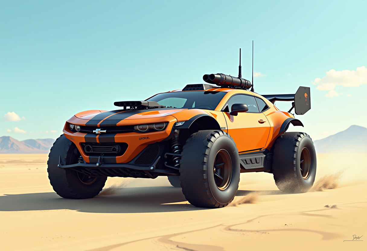 This image is a front view of a digital artwork that depicts a futuristic vehicle in a desert landscape. The vehicle is a modified sports car with a striking orange and black color scheme. The design of the car is reminiscent of a race car, but it has been heavily modified to include various military and offroad features. The vehicle has a large, black, offroad tire on the front left, which is larger than the other wheels, suggesting that it is designed for rough terrain. The rear of the car has a large, black, jetlike appendage, which is likely a propulsion system or weapon. The car also has a mounted gun on the roof, and there are various antennas and sensors attached to the body.The vehicle is driving across a flat, sandy terrain that resembles a desert. The background is a clear blue sky with faint clouds, and in the distance, there are mountains that give the impression of a vast, open landscape. The lighting in the image is bright and natural, with the sun casting a soft shadow to the right of the vehicle.The art style of the image is a blend of realism and fantasy, with attention to detail and a sense of motion. The medium appears to be a digital painting, given the smooth gradients and the lack of texture that might be present in a traditional painting.Overall, the image conveys a sense of adventure and the unknown, with the vehicle appearing ready for battle or exploration in a harsh, extraterrestrial environment.