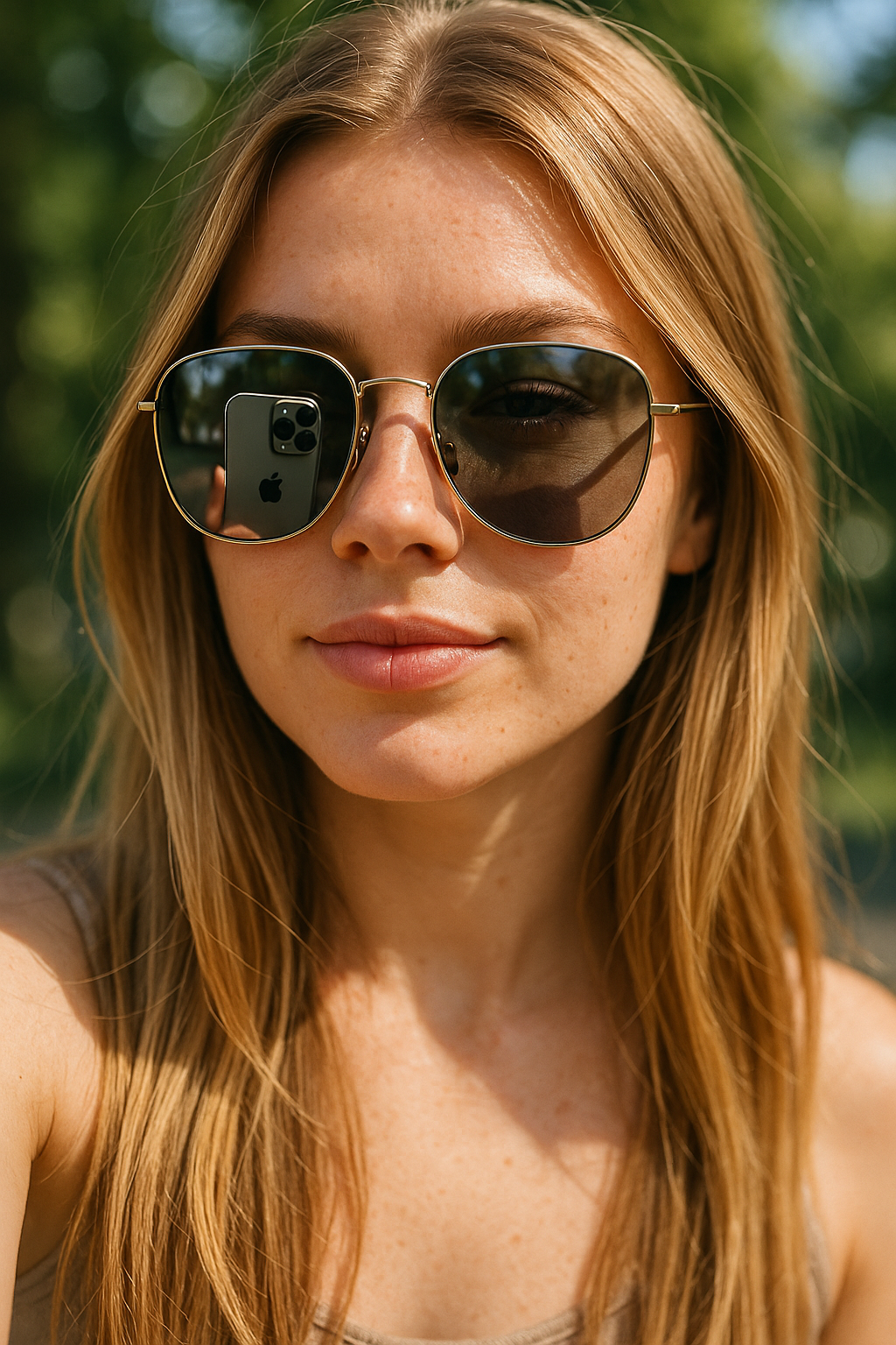 21 year old female influencer with long blond hair take close up selfie wearing reflecting sunglasses, her iPhone 16Pro reflect in the sunglasses while she take the selfie, sunny daylight, outdoor, bokeh, select focus, high details, natural skin imperfections, very light freckles,