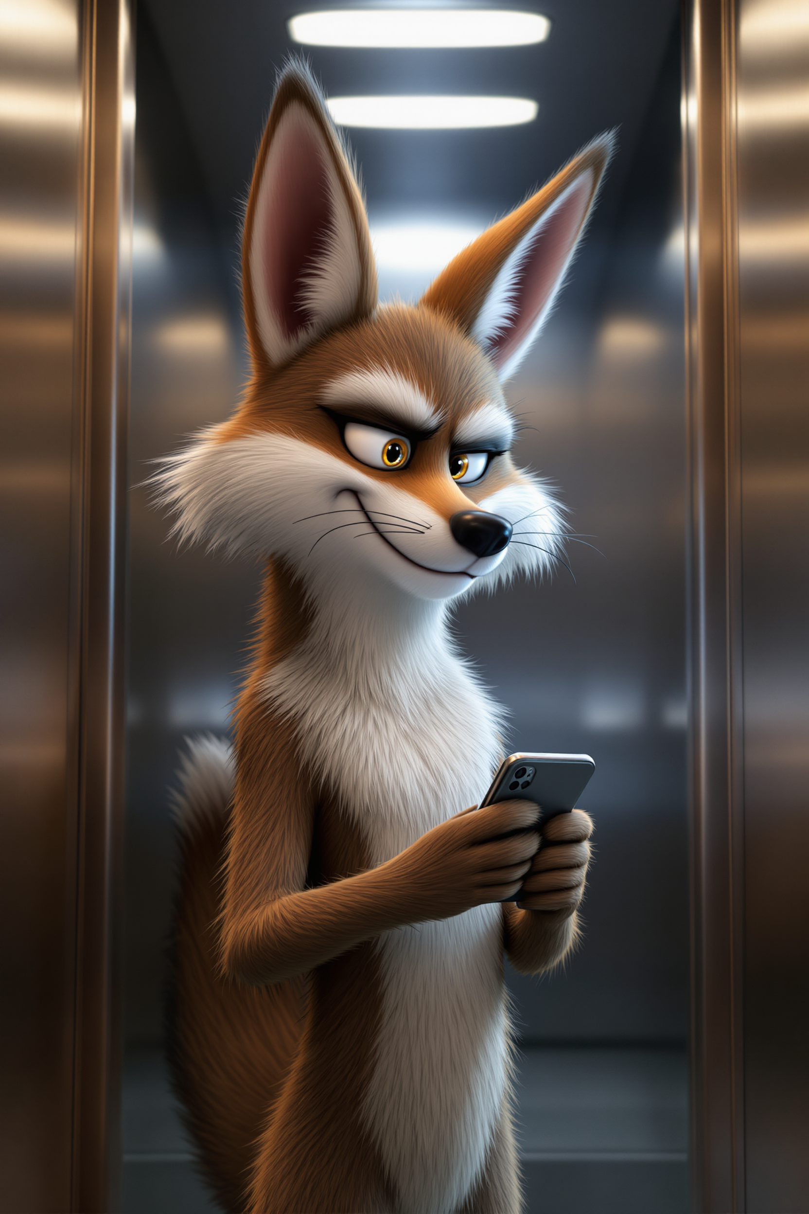 Example: A beautiful and handsome and mischievous male coyote with long shiny fur and int