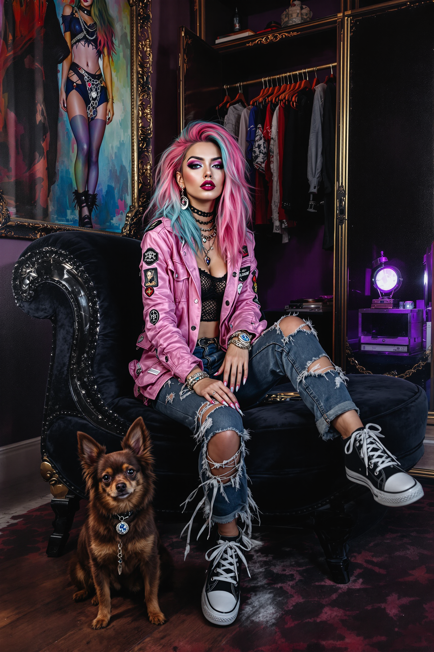 Luxury oil, wet airbrush, showcasing a gorgeous funky woman, pink + blue rebellious hair, clad in a pink denim jacket with patches, black chainmail top, distressed jeans, sneakers, jewelry. She sits on a black velvet chaise lounger in her rock and roll gothic bedroom setting next to her open closet, with her chocolate long hair chihuahua by her side. 4k