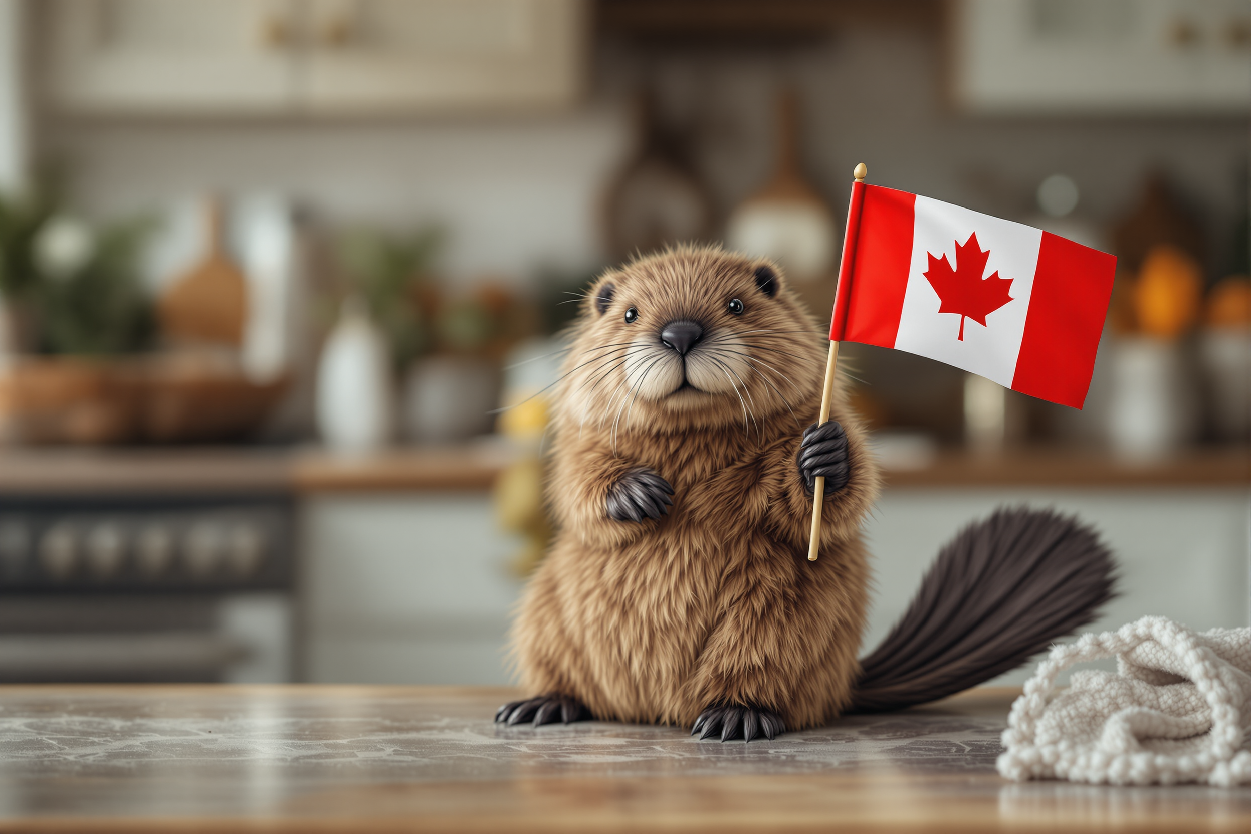 photo overlay text reading "Happy Victoria Day" bottom left in sans serif font bold black letters. photorealistic sweet beautiful realistic furry national geographic style of a furry beaver, long beaver tail holding a Canadian Flag, soft lines and dreamy kitchen background