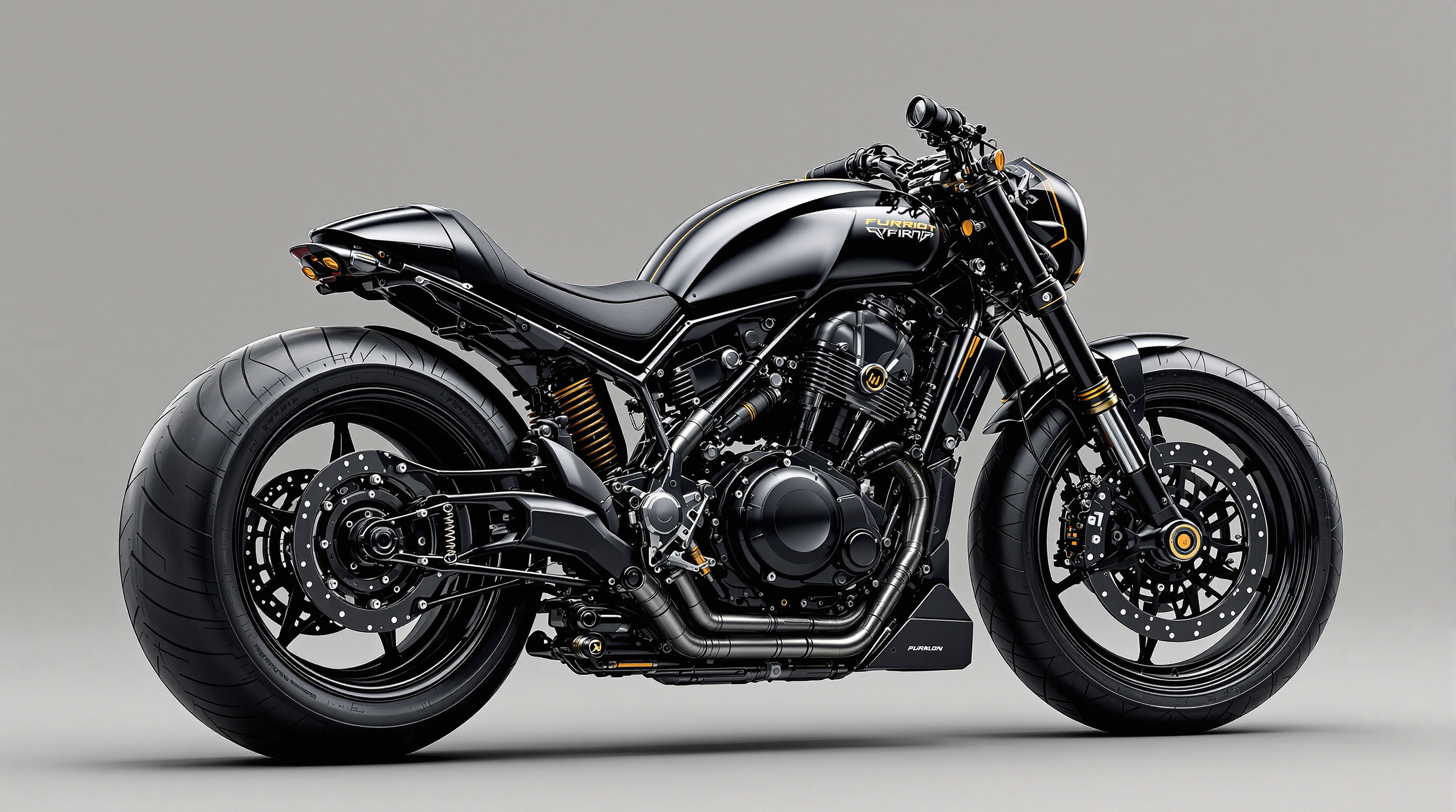 This image features a highly detailed and stylized rendering of a motorcycle. The motorcycle is presented in profile view, with a focus on its mechanical and aerodynamic design. The art style is reminiscent of a blend of industrial and cyberpunk aesthetics, with a futuristic and possibly science fiction influence.The medium appears to be a digital rendering, likely created using 3D modeling and texturing software, given the high level of detail and realism. The lighting and shadows are expertly rendered to give the image a threedimensional quality, and the reflective surfaces of the motorcycle catch the light in a way that suggests a polished, metallic finish.The colors in the image are primarily dark and muted, with a few accents of orange and yellow that provide contrast and highlight certain mechanical details. The motorcycle itself is predominantly black, with touches of gray and bronze, which gives it a sleek, monochromatic look. The wheels are a deep black with a metallic sheen, and the tires have a realistic tread pattern.The objects in the image are primarily the motorcycle and its components. The motorcycle is designed with a low center of gravity, a wide stance, and a streamlined body that tapers towards the rear. It has a large, wide rear tire and a smaller front tire, which is a common feature in motorcycles designed for high performance and stability. The bikes engine is prominently displayed, with intricate details that suggest a highpowered, possibly turbocharged engine.The motorcycles seat is low and narrow, with a high backrest, which is typical of sport bikes. The handlebars are swept back, and the controls are ergonomically placed for the riders comfort and ease of use. The bikes suspension system is visible, with coil springs and shock absorbers that are essential for handling and comfort on the road.Overall, the image exudes a sense of advanced technology and power, with a design that is both functional and aesthetically pleasing. The attention to detail and the use of lighting and shadow to create depth and realism are indicative of a highquality digital rendering.