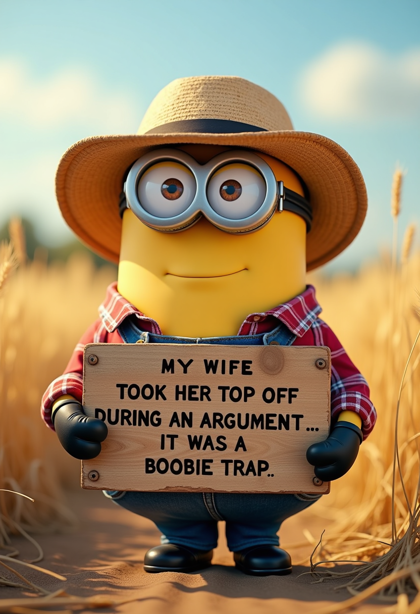 Example: A hyper-realistic photograph of a minion standing in a rustic