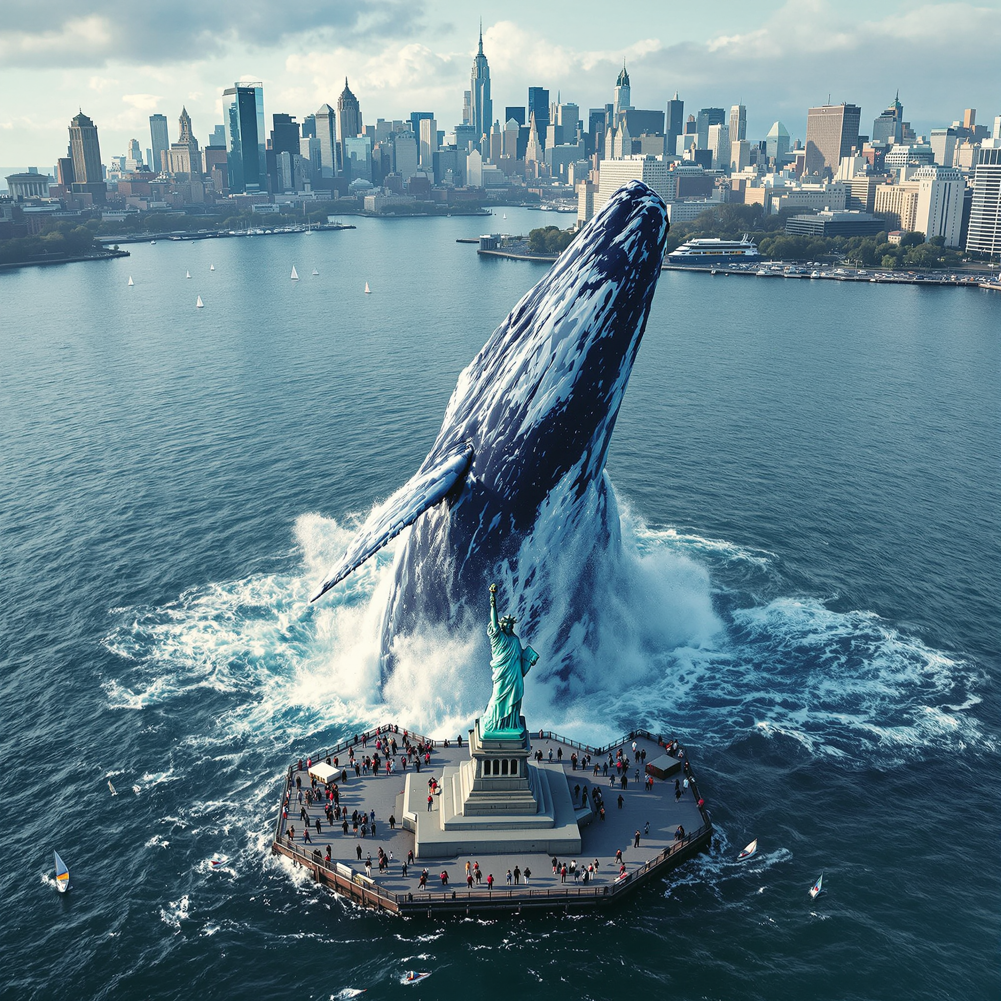 a massive blue whale rising, head first from the ocean near Liberty Island in New York City, seen from a wide-angle lens, tourists running and screaming on Liberty Island (statue of Liberal island), sail boats nearby in chaos, her huge tail still underwater, upper body emerging, water splashing everywhere, daylight, cinematic realism, detailed city skyline in background, photoreal lighting, dramatic but believable atmosphere, aerial drone shot
