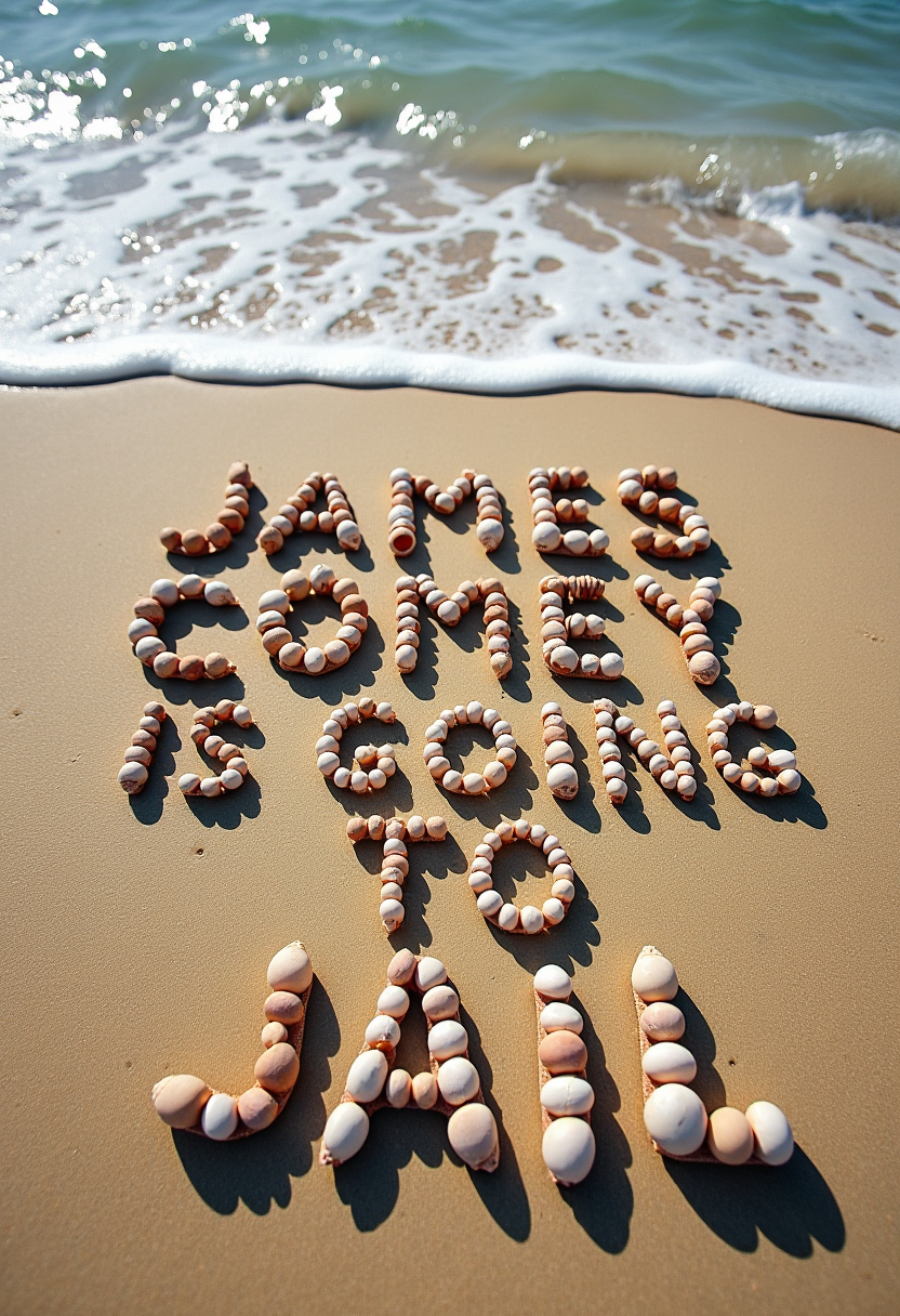 This image features a creative and somewhat unconventional form of typography, where the letters of a message are formed from seashells arranged on a sandy beach. The medium here is, of course, the sand and the shells, which are natural elements, and the art style is a playful and literal interpretation of the text.The colors in the image are primarily earthy tones. The sand is a light brown color, and the shells come in a variety of natural colors, including whites, beiges, and subtle browns and pinks. The ocean in the background is a deep blue, and the white foam of the waves adds a contrasting brightness to the scene.The objects in the image are primarily seashells of various shapes and sizes, which are meticulously placed to spell out the words JAMES COMEY IS GOING TO JAIL. The arrangement of the shells is quite deliberate, with each shell carefully positioned to create the letters and spaces between them. The shadows cast by the shells give the text a threedimensional effect, making it stand out against the sand.The overall effect is a striking and somewhat humorous statement that plays on the unexpected juxtaposition of a serious message with the casual setting of a beach. The natural beauty of the seashells and the sand contrasts with the gravity of the message, creating a visual pun that is both surprising and thoughtprovoking.