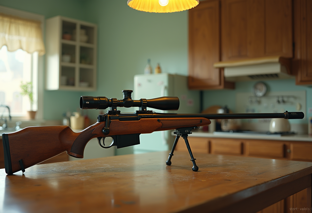 create a realistic photography of a TAC 50 cal rifle in a 1950's kitchen sitting on a table table
