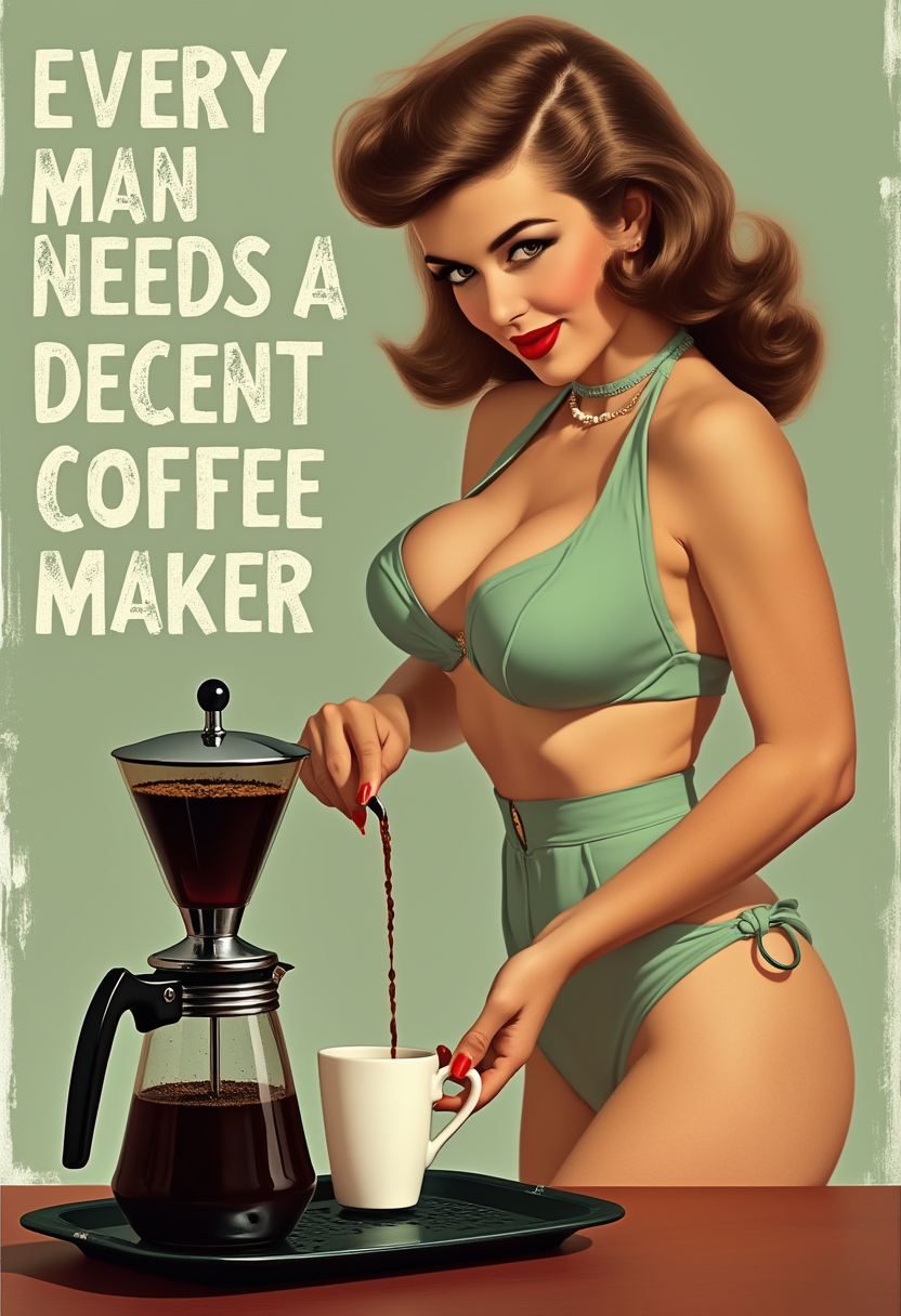 This image is a stylized representation of a pinup girl, a genre of illustration that flourished during the 1940s and 1950s. The art style is reminiscent of that era, with a focus on the female form and a vintage aesthetic. The medium appears to be a digitally altered photograph or a digitally created image that mimics the look of a vintage photo.The colors in the image are warm and muted, with a sepia tone that gives it a nostalgic feel. The predominant colors are shades of green, brown, and black, which are reflected in the clothing of the subject and the coffee pot. The background is a soft white, which contrasts with the subject and the objects in the foreground.The subject of the image is a woman dressed in a mint green, halterneck bikini top and matching bottoms. Her hair is styled in a classic pinup fashion, with a side parting and waves that fall just past her shoulders. She is pouring coffee from a glass carafe into a white mug, with a focused and slightly coy expression on her face. Her pose is suggestive, with one hand on her hip and the other gracefully handling the carafe.In the foreground, there is a coffee maker, which is a Moka pot, a popular Italian coffee maker that brews coffee by forcing boiling water through ground coffee and a filter. The Moka pot is black with a shiny metallic finish, and it sits on a tray, which is also black. The coffee grounds are visible in the filter basket, and the coffee is being brewed into the lower chamber. The text to the left of the image reads "EVERY MAN NEEDS A DECENT COFFEE MAKER" sans serif fonts, which is a playful nod to the idea that a good coffee maker is essential for every man, implying that the woman in the image is not only attractive but also skilled in the art of making coffee. The text is in a bold, white font that stands out against the sepia toned background, and it adds a humorous and cheeky element to the image.
