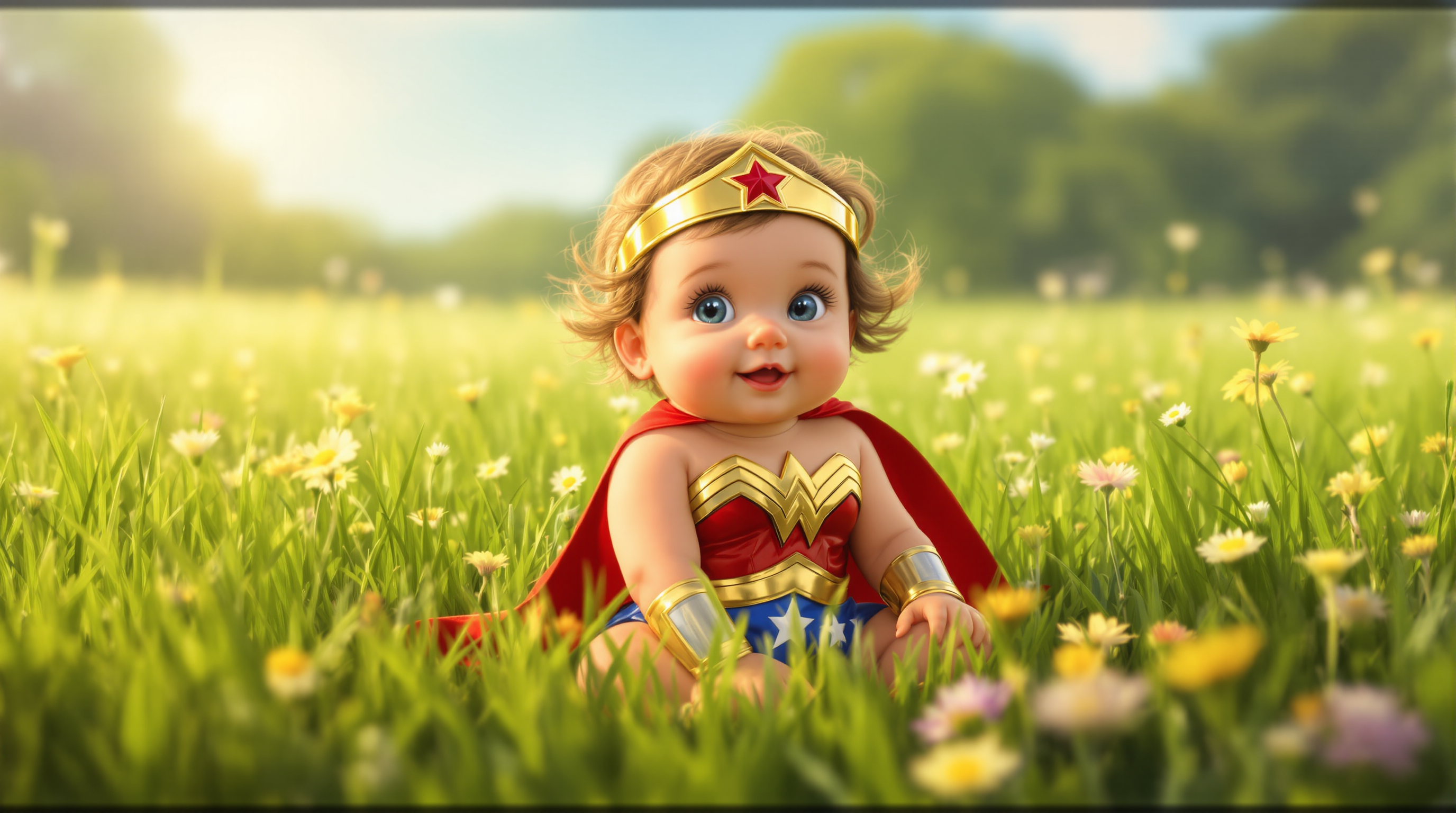 A heartwarming scene of Baby Wonder Woman, an adorable infant with a tiny golden tiara and iconic red, blue, and gold costume, sitting in the middle of a lush, vibrant grassy field. The grass is a rich emerald green, with delicate wildflowers in soft shades of yellow, pink, and white scattered around her. Her chubby hands reach for a flower, her curious eyes wide with wonder. The lighting is warm and golden, reminiscent of a late afternoon sun, casting gentle shadows and creating a dreamy, nostalgic glow over the scene. The composition focuses on Baby Wonder Woman as the central subject, captured from a low angle to emphasize her small stature against the expansive field stretching into a soft, blurred background. The style is inspired by a whimsical, painterly illustration with smooth textures and intricate details in her costume and the surrounding nature. The mood is innocent and serene, evoking a sense of peace and childlike joy, with a clear blue sky and a faint breeze rustling the grass, enhancing the tranquil atmosphere. Rendered with high detail, soft gradients, and a touch of fantasy art influence to highlight her iconic origins.