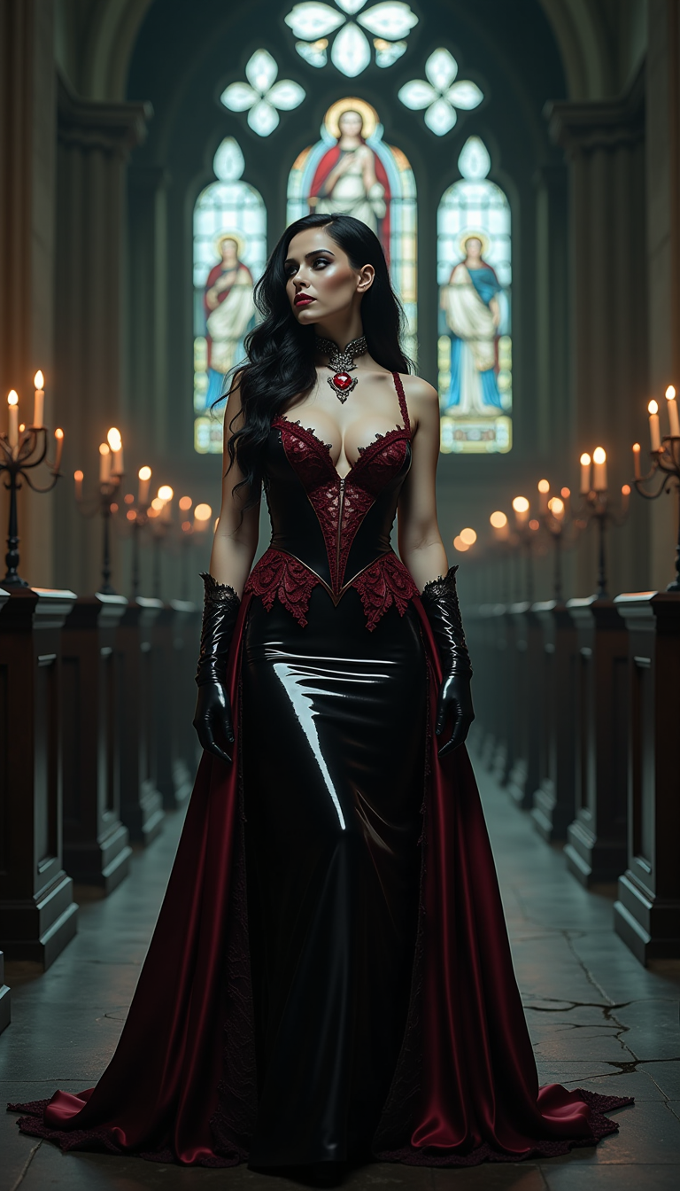 A captivating and seductive dark gothic figure, a stunning woman dressed in an intricately designed, floor-length shiny black latex gown that clings to her voluptuous curves like a second skin, adorned with delicate crimson lace trimmings that add a blood-red contrast to the glossy darkness. Her raven-black hair cascades in voluminous waves, interwoven with shimmering crimson threads that catch the faint light, creating a striking contrast against her alabaster, porcelain skin. Her piercing ice-blue eyes, framed by dramatic smoky makeup, exude an enigmatic intensity, accentuating the sharp angles of her high cheekbones and the commanding power of her gaze. A heavy antique silver choker encircles her neck, bearing a polished glowing ruby gem that rests in the hollow of her throat, adding an air of ancient mystique. She stands poised and commanding in the shadowy depths of a foreboding dark cathedral, its towering gothic arches and cracked stone walls bathed in the dim, ethereal glow of flickering candlelight filtering through stained glass windows depicting somber, forgotten saints. The composition centers on her figure, positioned slightly off-center, with a low-angle perspective that emphasizes her dominance and the soaring height of the cathedral ceiling above. The mood is haunting and sensual, with a chilling yet alluring atmosphere, the air thick with the scent of old stone and wax, and faint whispers of wind echoing through the desolate space. Rendered in a dark romantic style reminiscent of 19th-century gothic art, with hyper-detailed textures in the latex and lace, soft chiaroscuro lighting casting deep shadows and subtle highlights on her form, and a cinematic depth of field that keeps her sharply in focus while the cathedral fades into a mysterious blur in the background.