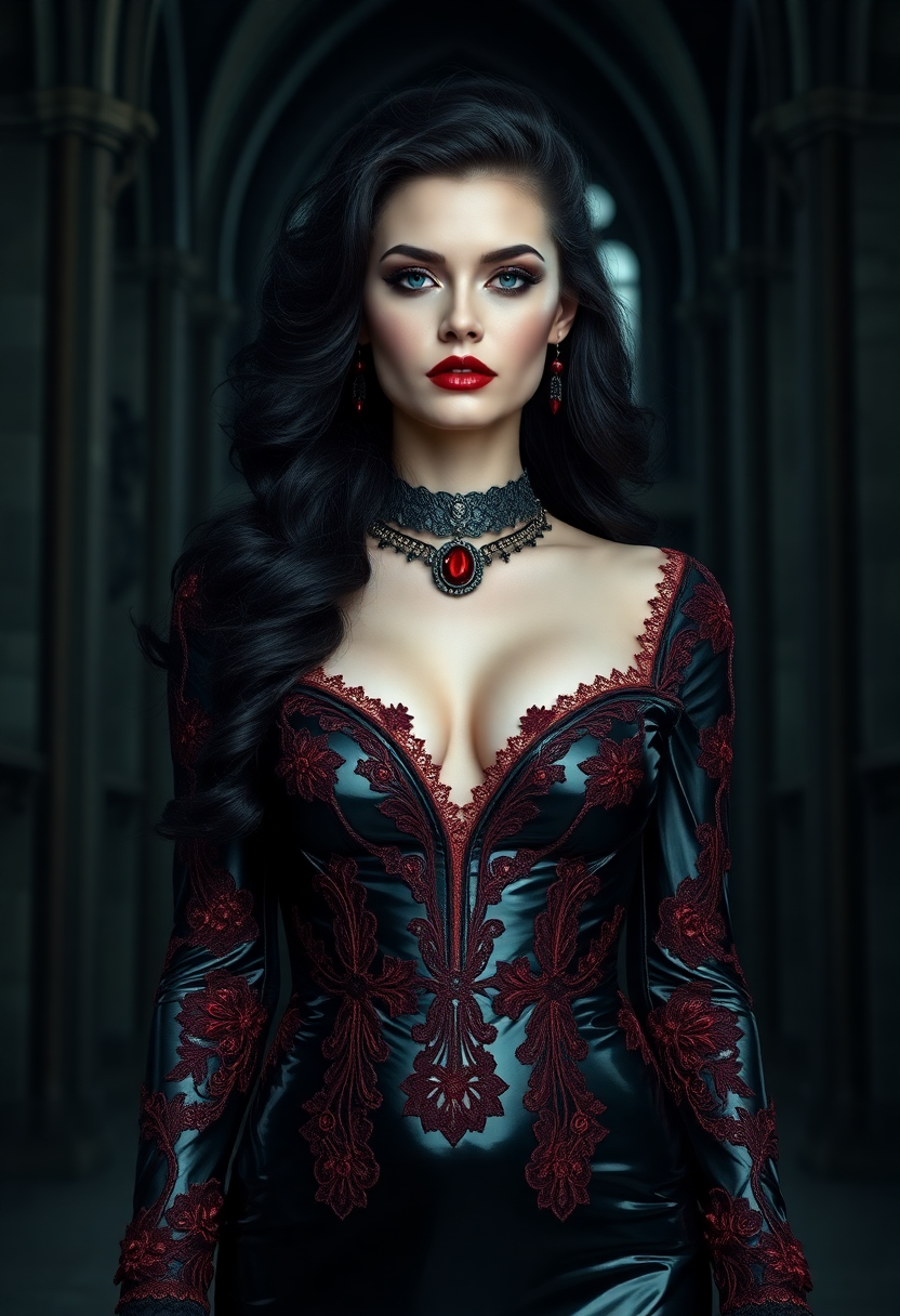 A captivating and seductive dark gothic figure, a stunning woman dressed in an intricately designed, floor-length shiny black latex gown that clings to her voluptuous curves like a second skin, adorned with delicate crimson lace trimmings that add a blood-red contrast to the glossy darkness. Her raven-black hair cascades in voluminous waves, interwoven with shimmering crimson threads that catch the faint light, creating a striking contrast against her alabaster, porcelain skin. Her piercing ice-blue eyes, framed by dramatic smoky makeup, exude an enigmatic intensity, accentuating the sharp angles of her high cheekbones and the commanding power of her gaze. A heavy antique silver choker encircles her neck, bearing a polished glowing ruby gem that rests in the hollow of her throat, adding an air of ancient mystique. She stands poised and commanding in the shadowy depths of a foreboding dark cathedral, its towering gothic arches and cracked stone walls bathed in the dim, ethereal glow of flickering candlelight filtering through stained glass windows depicting somber, forgotten saints. The composition centers on her figure, positioned slightly off-center, with a low-angle perspective that emphasizes her dominance and the soaring height of the cathedral ceiling above. The mood is haunting and sensual, with a chilling yet alluring atmosphere, the air thick with the scent of old stone and wax, and faint whispers of wind echoing through the desolate space. Rendered in a dark romantic style reminiscent of 19th-century gothic art, with hyper-detailed textures in the latex and lace, soft chiaroscuro lighting casting deep shadows and subtle highlights on her form, and a cinematic depth of field that keeps her sharply in focus while the cathedral fades into a mysterious blur in the background.