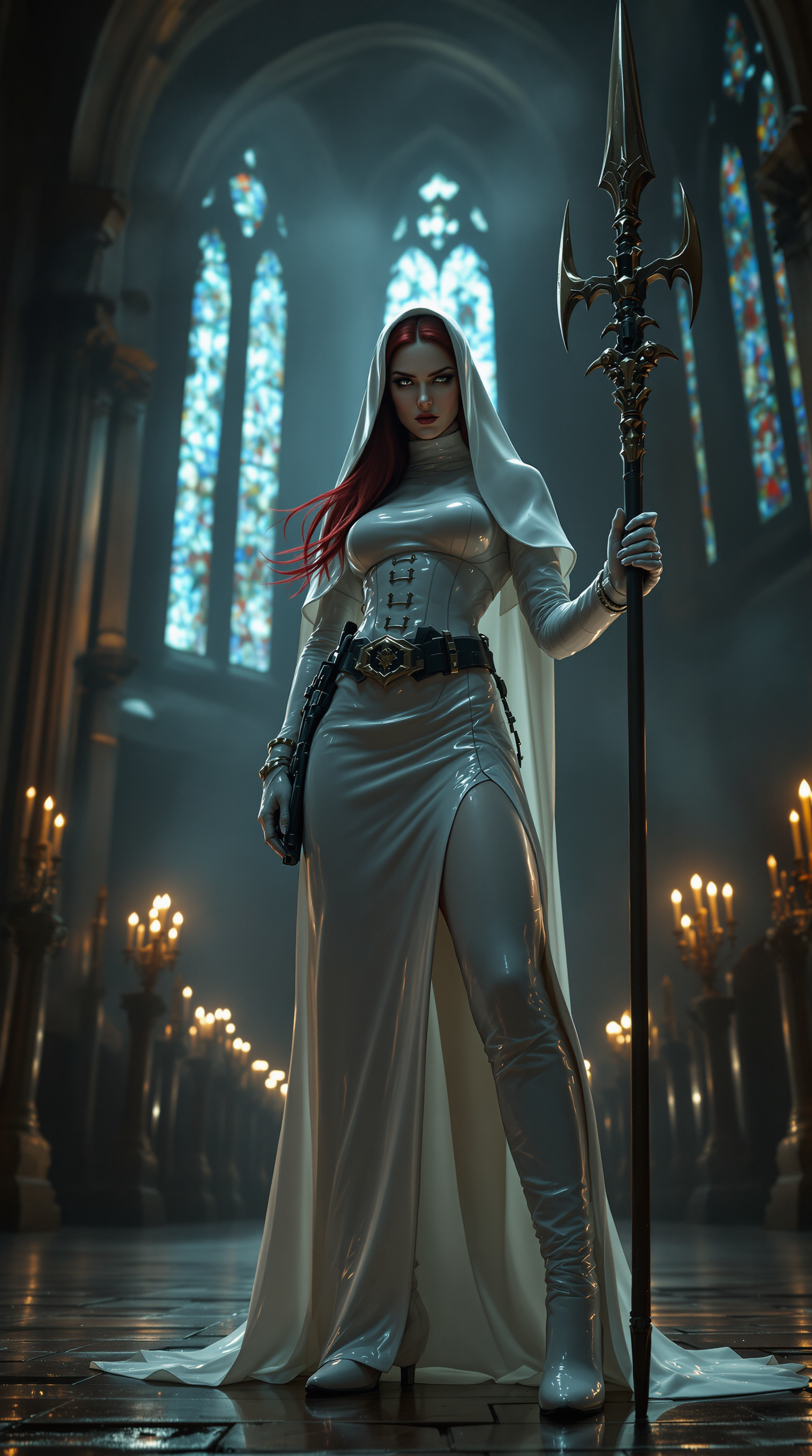 A striking and unconventional scene set in the shadowy depths of a gothic cathedral, illuminated by faint beams of moonlight filtering through towering stained-glass windows. At the center stands a fierce nun with crimson hair escaping from beneath her traditional shiny white latex veil, framing her intense expression. She is clad in a floor-length, shiny white latex nun's habit that clings to her form slit up one long leg, reflecting the dim light with a sleek, polished sheen. Her torso is tightly bound by a matching shiny white latex corset, adorned with thick straps and bold buckles, emphasizing a commanding silhouette. On her feet, she wears imposing 6-inch high-heeled boots, their glossy surface echoing the latex of her attire. Around her waist, a rugged gun belt holds a large, detailed holster, adding a rebellious edge. In one hand, she grips a tall, intricately designed spear, its metallic tip glinting ominously in the low light. The composition focuses on her powerful stance, positioned slightly off-center with the cathedral's ancient stone arches and flickering candlelight in the background, captured from a low angle to enhance her dominance and mystique. The mood is dark and enigmatic, blending sacred and subversive tones, with a cold, ethereal atmosphere accentuated by subtle mist and the deep shadows of midnight. Rendered in a hyper-realistic style with a cinematic quality, emphasizing dramatic chiaroscuro lighting, intricate textures of latex and stone, and a gritty, film-noir-inspired aesthetic.