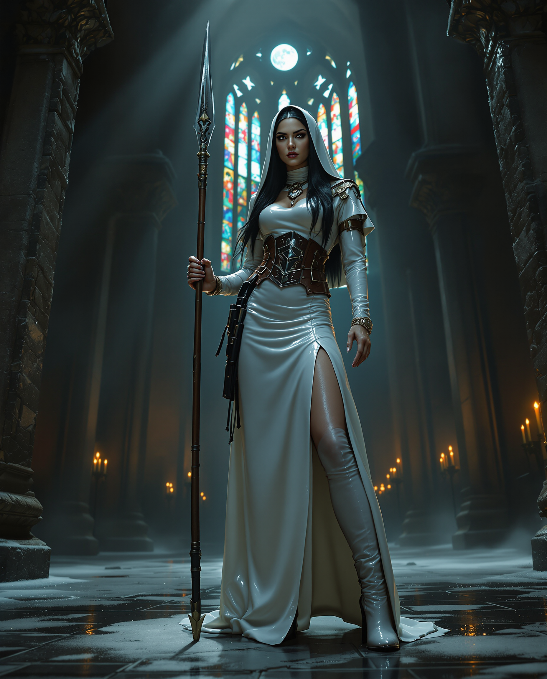 A striking and unconventional scene set in the shadowy depths of a gothic cathedral, its ancient stone walls looming with intricate carvings and weathered textures, illuminated by faint beams of moonlight piercing through towering stained-glass windows, casting fragmented hues of deep blues, crimson, and amber across the scene. At the center stands a fierce Native American nun, her striking black hair framing an intense, piercing expression, exuding raw power and defiance. She is clad in a floor-length, shiny white latex nun's habit that clings to her form, with a daring slit up one long leg, the material reflecting the dim light with a sleek, polished sheen, every fold and curve meticulously detailed. Her torso is tightly bound by a matching shiny white latex corset, adorned with thick straps and bold, industrial buckles, accentuating a commanding, sculpted silhouette. On her feet, she wears imposing 6-inch high-heeled boots, their glossy surface mirroring the latex of her attire, each scuff and shine adding to her formidable presence. Around her waist, a rugged leather gun belt holds a large, intricately detailed holster, its worn texture contrasting with the pristine latex, injecting a rebellious, outlaw edge. In one hand, she grips a tall, ornately designed spear, its metallic tip glinting ominously in the low light, etched with subtle tribal patterns that catch the eye. Her powerful stance dominates the composition, positioned slightly off-center, framed by the cathedral's ancient stone arches and the flickering glow of distant candlelight, their warm amber flames casting soft, dancing shadows on the cold, damp floor. The camera angle is low, looking up to enhance her towering dominance and enigmatic mystique, her figure silhouetted against the ethereal glow of the stained glass. The mood is dark and enigmatic, a haunting blend of sacred reverence and subversive rebellion, steeped in a cold, ethereal atmosphere with subtle wisps of mist curling around the stone pillars, and the deep, oppressive shadows of midnight enveloping the space. Rendered in a hyper-realistic style with cinematic precision, emphasizing dramatic chiaroscuro lighting that carves out stark contrasts between light and shadow, intricate textures of glossy latex, rough leather, and ancient stone, and a gritty, film-noir-inspired aesthetic with a moody, desaturated color palette punctuated by the stark white of her attire and the eerie glow of moonlight.