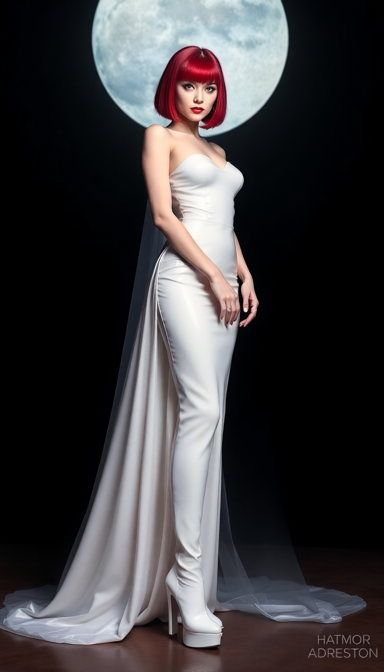 Tall pale skinned vampire queen. Crimson hair in a short bob, dressed in a shiny white latex wedding gown. White latex 6" stiletto heeled platform  thigh high boots
