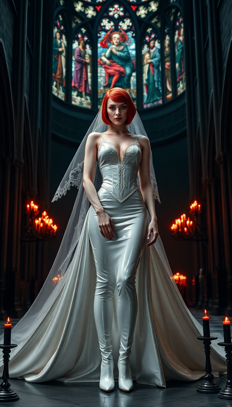 A striking and imposing vampire queen, tall and pale-skinned with an ethereal, otherworldly beauty, stands at the altar of a dark, sinister cathedral. Her crimson hair is styled in a sleek, short bob, contrasting vividly against her alabaster complexion. She is adorned in a shiny white latex flowing wedding gown, form-fitting and copius skirts and glistening under the dim, flickering light of black candles, with intricate details that highlight its smooth, reflective texture. A delicate white lace veil drapes over her face, adding a haunting mystique, partially obscuring her piercing, predatory gaze. Her legs are encased in white latex thigh-high boots with 6-inch stiletto heels and platform soles, exuding dominance and power. The cathedral's gothic architecture looms ominously around her, with towering stained-glass windows depicting macabre scenes in deep reds and purples, casting eerie, fragmented light across the stone floor. The atmosphere is heavy with dread, filled with shadows and the faint scent of incense, evoking a sense of foreboding and dark romance. She faces the camera directly, her posture regal and commanding, framed centrally at the altar with the cavernous, evil cathedral stretching into the background. The scene is captured in a cinematic style, reminiscent of dark fantasy art, with dramatic low-key lighting emphasizing stark contrasts and a moody, nocturnal ambiance, shot from a slightly low angle to enhance her towering, intimidating presence.