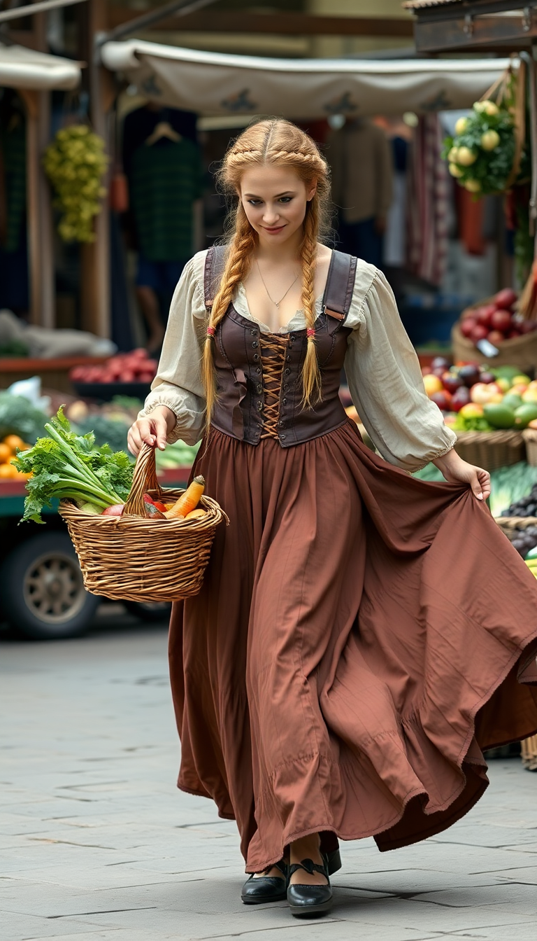 Swirling full brown peasant skirts, brown leather corset, long thick plait of braided blond hair. Holding a wicker basket full of vegetables in a marketplace
