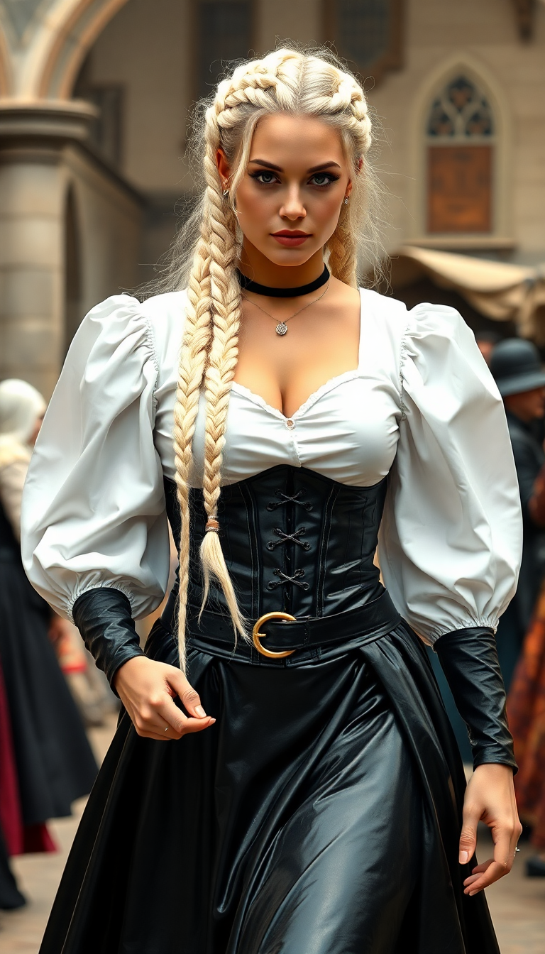 Shiny White latex blouse with puffy sleeves, Swirling full shiny black leather tight skirts, shiny black leather corset, long thick plait of braided white blond hair. in medieval marketplace. 