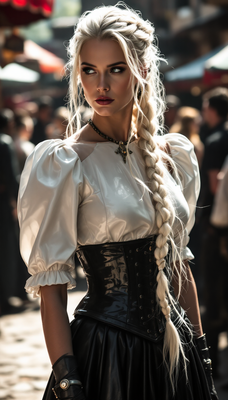 Shiny White latex blouse with puffy sleeves, Swirling full shiny black leather tight skirts, shiny black leather corset, long thick plait of braided white blond hair. in medieval marketplace. 