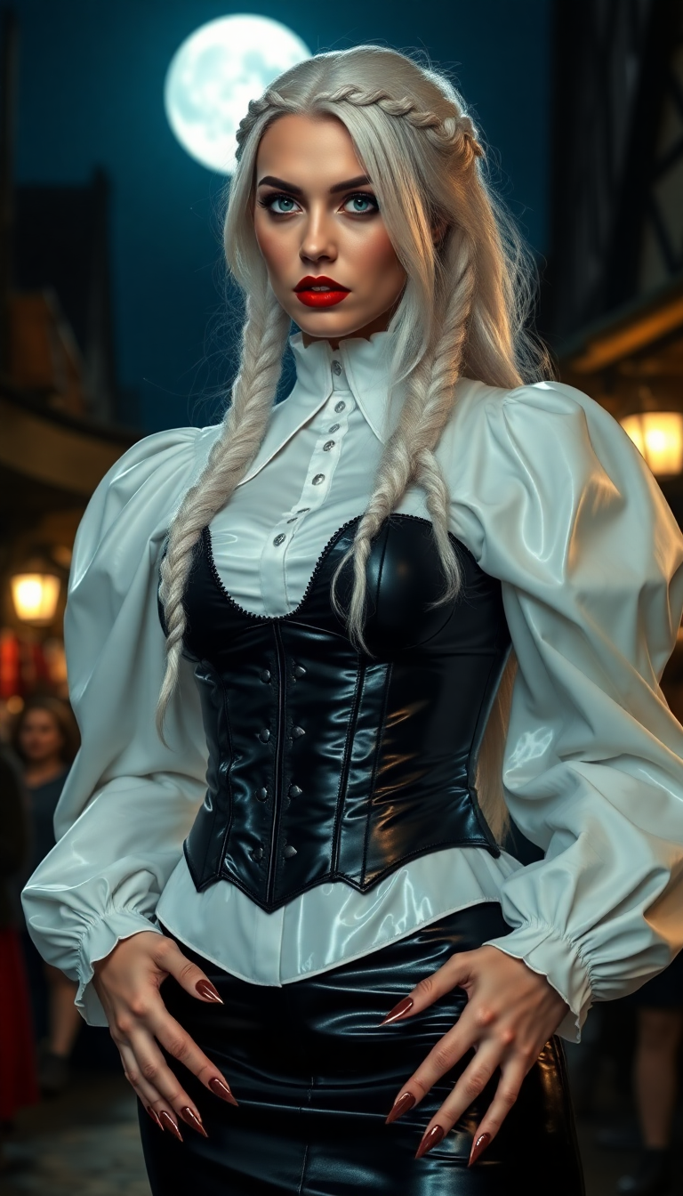 Vampire queen. Shiny White latex blouse with puffy sleeves, shiny black leather tight skirts, shiny black leather corset, long thick plait of braided white hair. Blood red lips and claw like nails. Ice blue eyes. At night in moonlit medieval marketplace. 