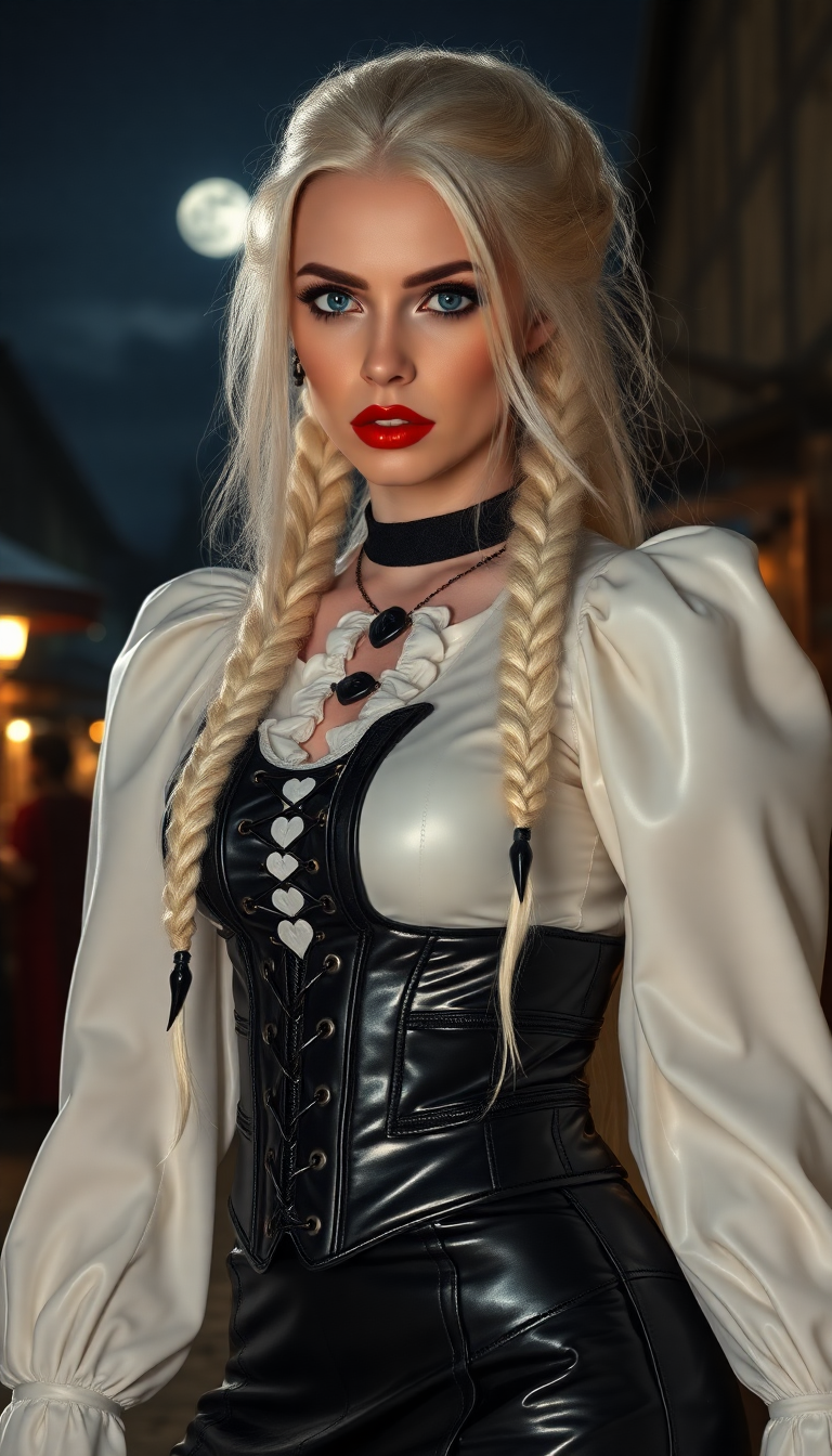 Vampire queen. Shiny White latex blouse with puffy sleeves, shiny black leather tight skirts, shiny black leather corset, long thick plait of braided white hair. Blood red lips and blood red claw like nails. Ice blue eyes. At night in moonlit medieval marketplace. 
