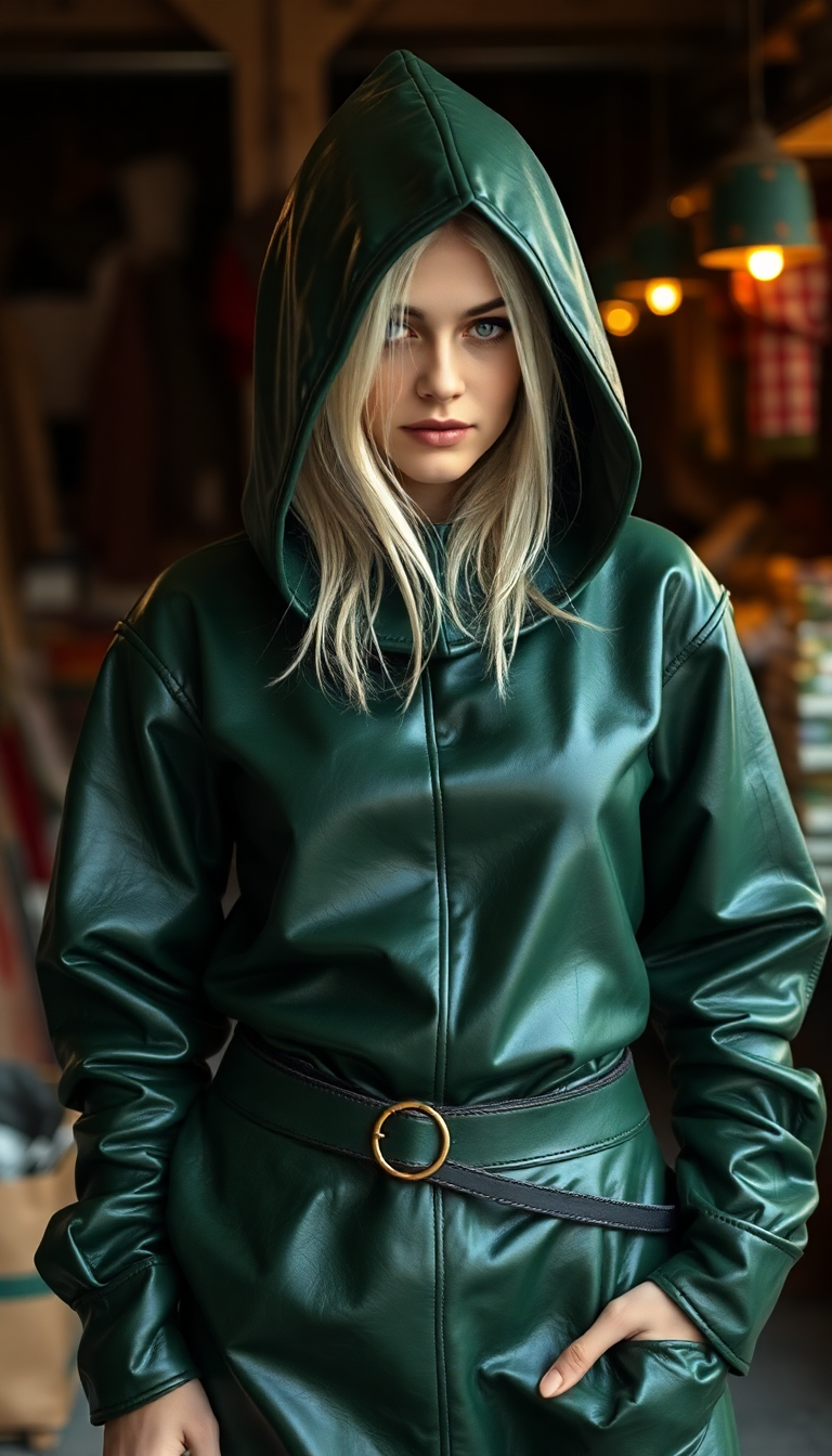 Example: Shiny Green leather medieval tunic with hood