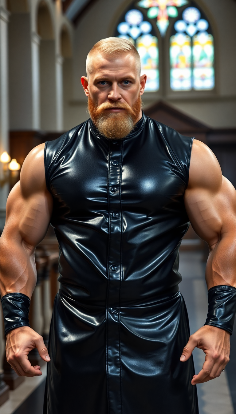Muscled weight lifter of a man, dressed in a shiny black latex priest's uniform. Buzzed cut blonde hair bright blue eyes and a thick well groomed beard. Standing in a church