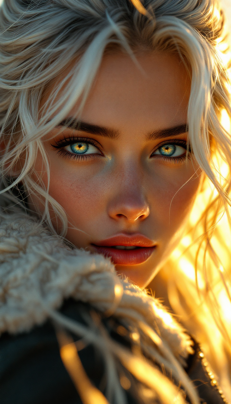 Ultra-realistic, high-detail first-person perspective of someone looking at 2B as she slowly turns toward the viewer. The warm glow of golden hour sunlight caresses her face, illuminating her stunning deep blue eyes with lifelike reflections. Her silver-white hair flows gently in the breeze, individual strands catching the light with photorealistic softness. A subtle motion blur enhances the background, placing full emotional focus on 2B. Her gloved hand is visible in the foreground—leather texture and stitching rendered in exquisite detail. Her expression is a perfect blend of strength and vulnerability, radiating silent affection. There is unmistakable love in her eyes, conveyed through a delicate balance of tension and tenderness. The entire scene is cinematic in tone—emotive, breathtaking, and deeply human.

