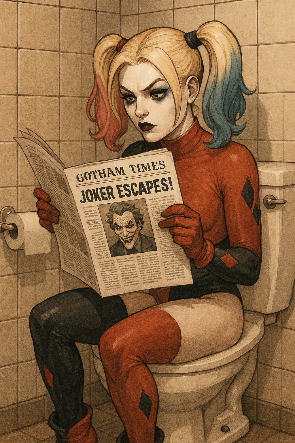 Harley Quinn sitting on toilet and reading a newspaper with an article about the Joker