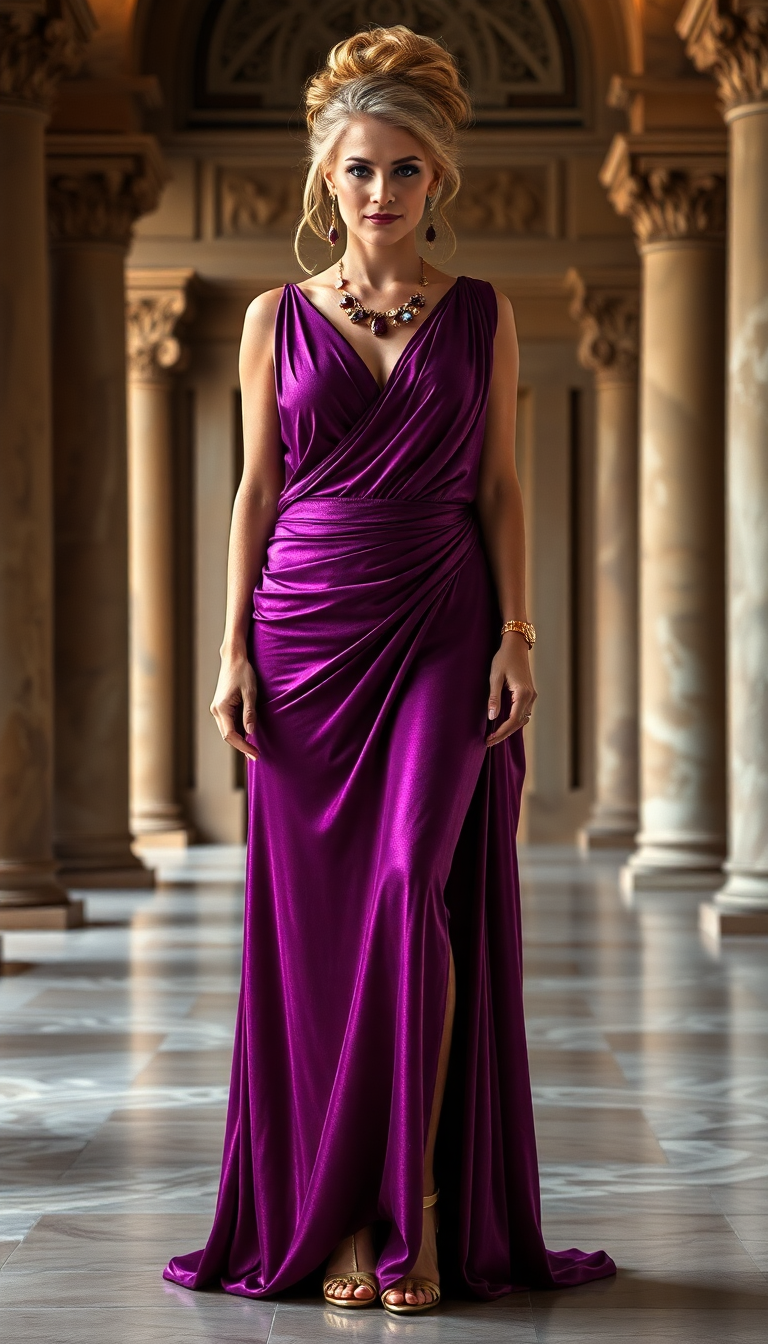 Tall woman, late 40s, dressed in a shimmering purple floor length roman stola. Her legs wrapped in gold gladiator heels. Her golden blonde upon her head in a complex updo. Standing in a hall of Roman design. She's wearing elegant jewelry of rubies and gold. Drop style ruby earrings