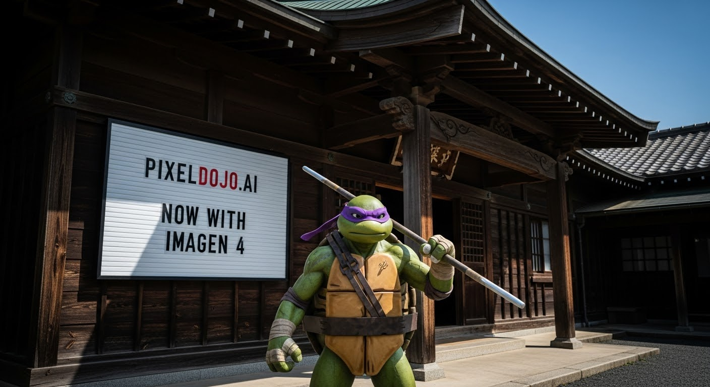 a photo of a ninja turtle in front of a japanese dojo. on the wall a sign reads PixelDojo.ai Now with Imagen 4
