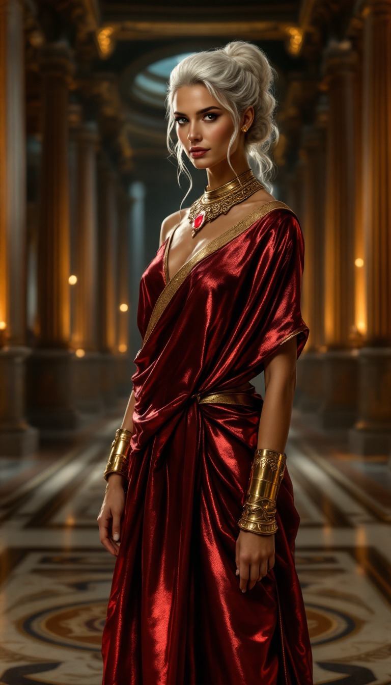 A tall, statuesque Roman woman in her mid-50s, exuding timeless elegance and authority, with striking white hair styled in an intricate, elegant updo adorned with subtle golden pins. She wears a luxurious shimmering metallic crimson toga praetexta, the rich fabric draping gracefully over her form with delicate folds catching the light, edged with a deep gold border. Her feet are clad in gold gladiator sandals, the leather straps shiny and polished, contrasting with her regal attire. On her wrists, she wears polished metal armbands, intricately engraved with ancient Roman motifs of laurel leaves and geometric patterns, reflecting faint torchlight. Around her neck rests an elegantly carved golden collar, its surface etched with delicate scrollwork, centered with a single, bright ruby that glows like a fiery ember. She stands confidently in the center of a grand ancient Roman hallway at night, the vast space lined with towering marble columns and intricate mosaics on the floor depicting mythological scenes. The architecture is illuminated by the warm, flickering glow of oil lamps and torches mounted on the walls, casting dramatic shadows across the polished stone surfaces. The atmosphere is serene yet imposing, with a cool night breeze subtly stirring the air, carrying the faint scent of burning oil. The composition focuses on the woman as the central figure, framed by the symmetrical columns, captured from a low angle to emphasize her commanding presence and the grandeur of the surroundings. The style is inspired by classical Roman portraiture and historical realism, with meticulous attention to texture, detail, and soft, ambient lighting to evoke the mood of a powerful, introspective moment in ancient Rome.
