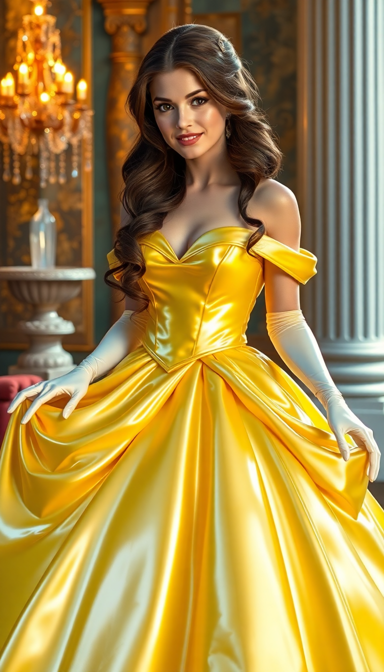 Belle from beauty and the beast, shiny yellow latex ballgown, the opera gloves are shiny white latex, long brown hair in an elegant curly atyle