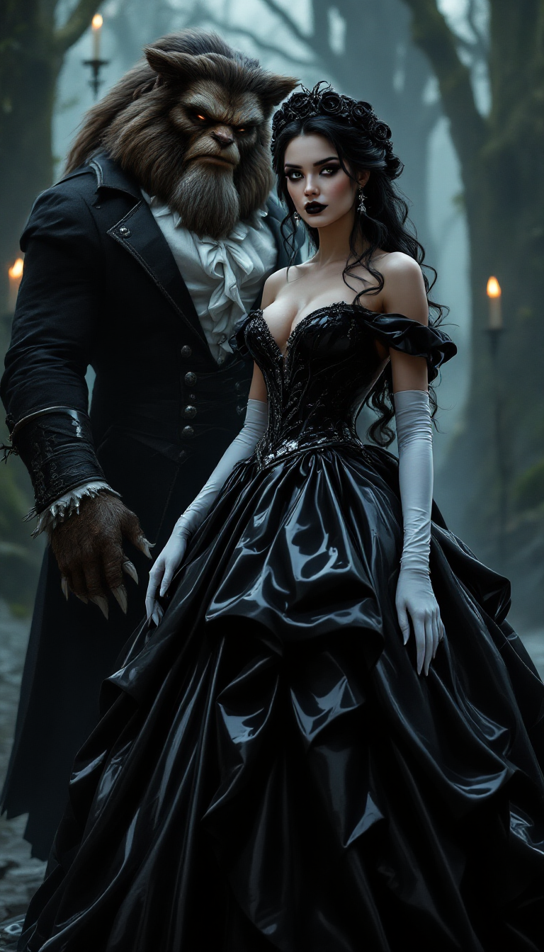 A breathtaking portrait of Belle from Beauty and the Beast, reimagined in a dark, gothic aesthetic, alongside the classic Beast. Belle stands as the focal point, exuding regal yet haunting beauty, dressed in a striking black latex ballgown with a polished, reflective sheen that captures faint candlelight, highlighting every dramatic curve and fold of the voluminous, floor-sweeping skirt. Her opera gloves, made of shiny white latex, create a stark contrast, their smooth texture reflecting subtle highlights that draw the eye. Belle's long black hair cascades in elegant, voluminous curls, adorned with a crown of intricately detailed black roses, framing her face with timeless sophistication. Her bold, shiny black lips mirror the gown's luster, while heavy dark makeup—deep smoky eyeshadow and razor-sharp eyeliner—intensifies her mysterious, piercing gaze. By her side, the Beast stands in his classic form, towering and imposing, with matted fur, sharp claws, and a rugged, yet noble demeanor, his eyes reflecting a mix of ferocity and sorrow, complementing Belle’s enigmatic aura.

The scene unfolds in a grand, dimly lit gothic ballroom, steeped in decay and opulence. Towering arched windows, draped in tattered, deep crimson velvet curtains, allow slivers of cold, bluish moonlight to filter through, casting ethereal patterns on the cracked, weathered marble floors. Flickering chandeliers overhead emit a warm, wavering glow, creating eerie shadows that dance across intricate, crumbling stone walls adorned with faded gothic carvings. The composition centers on Belle, positioned slightly turned to the side, her posture commanding and poised, with the Beast standing protectively close, his massive frame adding a sense of raw power to the frame. The camera is angled low, emphasizing Belle’s towering presence and the dramatic height of her gown, while also capturing the Beast’s imposing stature, framing both figures against the cavernous, shadowy ballroom.

The mood is somber and enigmatic, steeped in melancholic elegance, with a haunting interplay of light and shadow. The cold moonlight blends with the warm, flickering candlelight, creating a cinematic contrast that enhances the textures of latex, fur, and stone. The atmosphere evokes a sense of timeless tragedy, as if frozen in a moment of forbidden romance. Rendered in a hyper-realistic style with cinematic quality, inspired by gothic romanticism and high-fashion photography, with meticulous attention to detail—every gleam of latex, every strand of fur, every crack in the marble floor—and dramatic lighting contrasts that heighten the depth and emotion of the